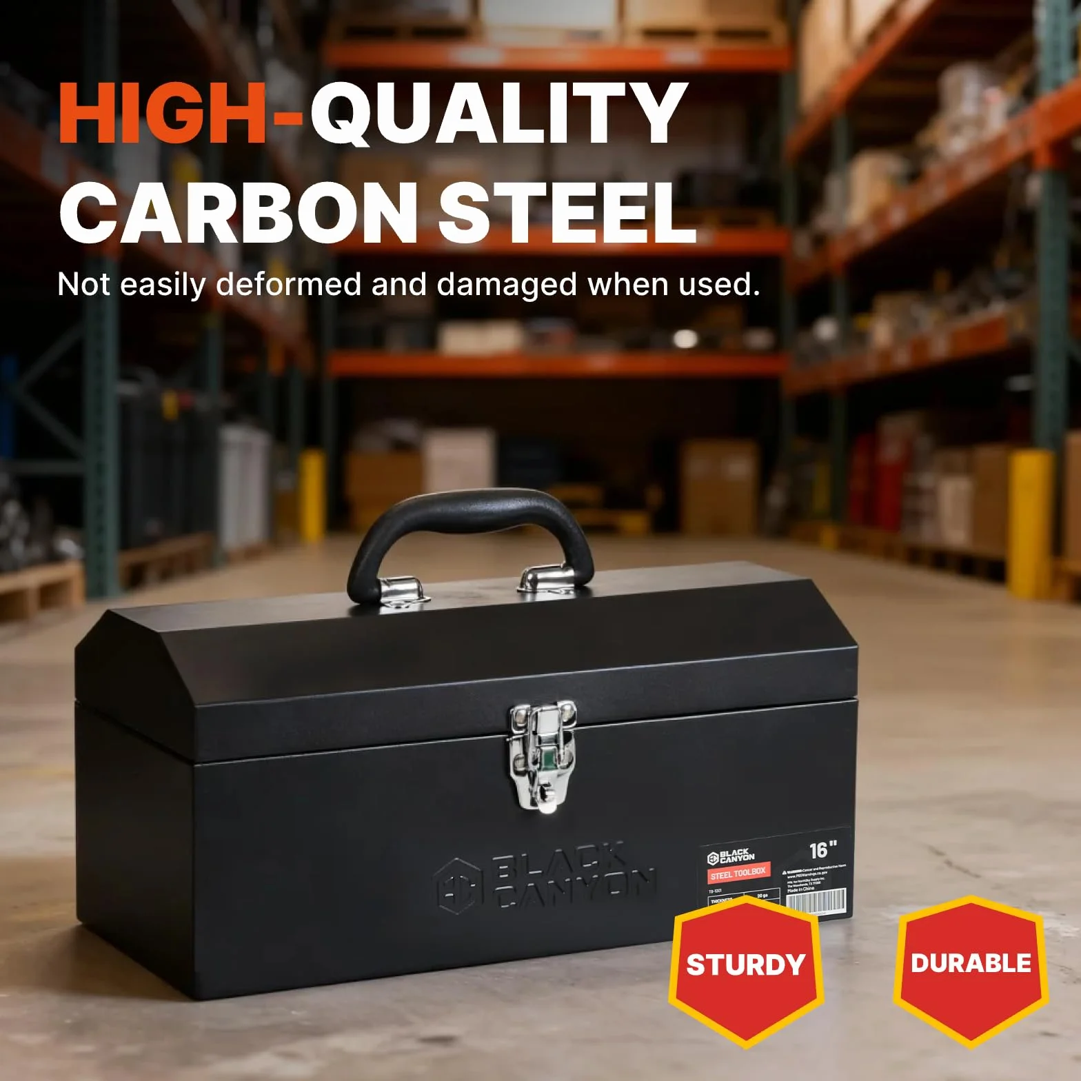 Black Canyon Caja de herramientas de 16 pulgadas, caja de herramientas de metal, acero al carbono, portátil y con candado, 4 almohadillas antideslizantes, ideal para remolques, mecánicos, bricolaje