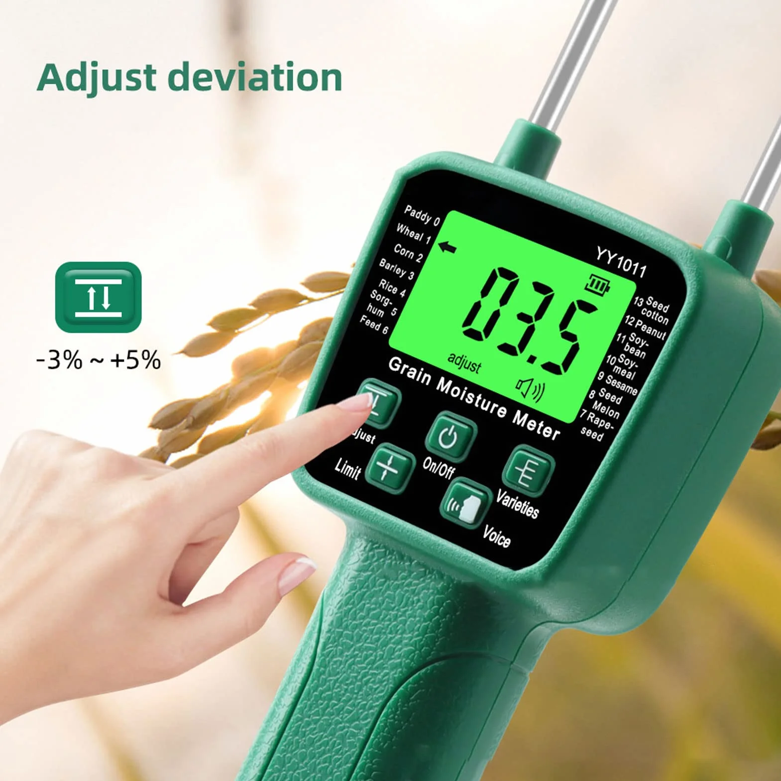 Ausla Medidor de Humedad para Granos, Pantalla LCD con Retroiluminación Sonda Doble Varilla Acero Transmisión Voz en Tiempo Real para Trigo Maíz Arroz Soja y 14 Cultivos
