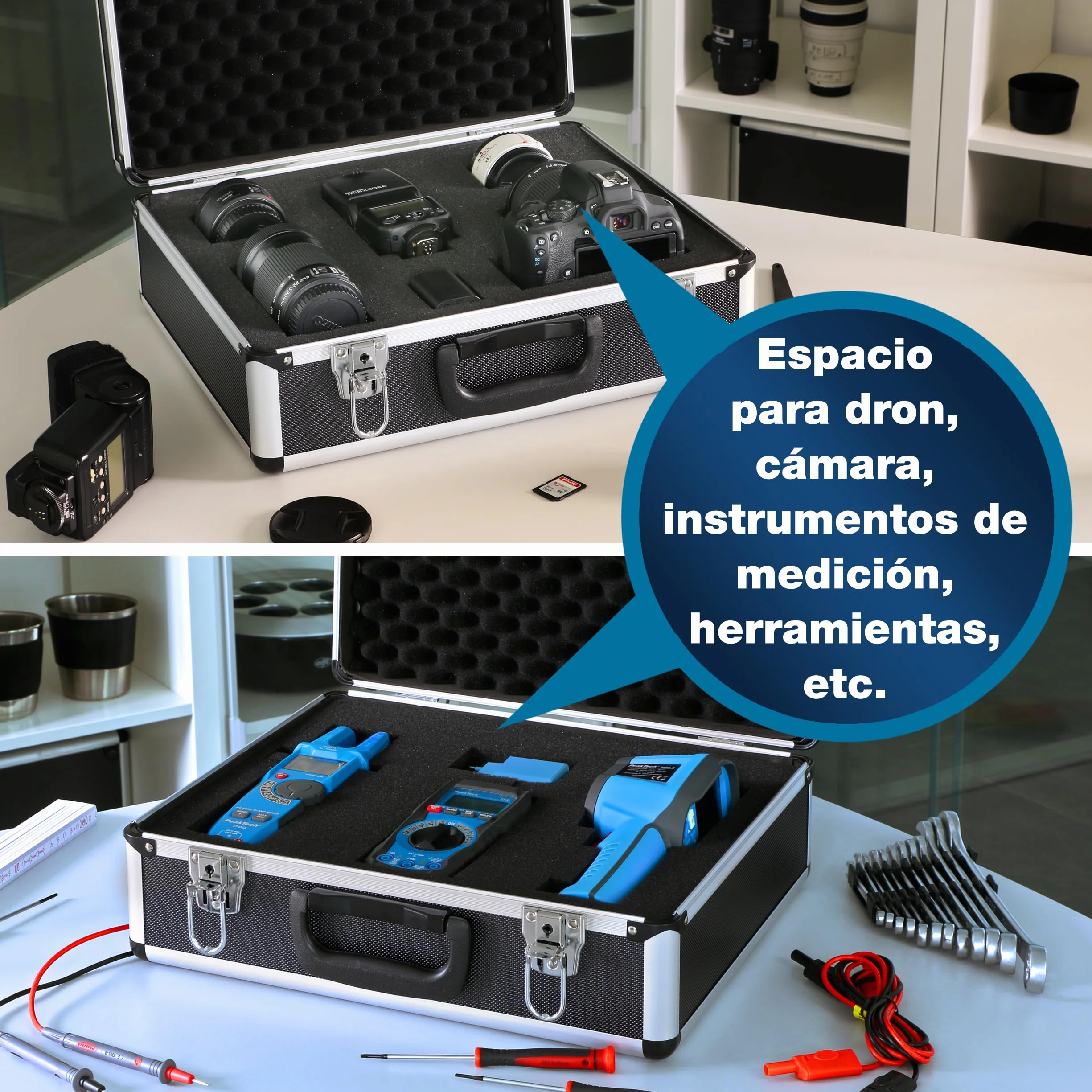 PeakTech 7305 – Estuche universal para dispositivos de medición, robusto, almacenamiento de herramientas, relleno de espuma, con cerradura, protección contra el polvo, L - 405 x 330 x 150 mm