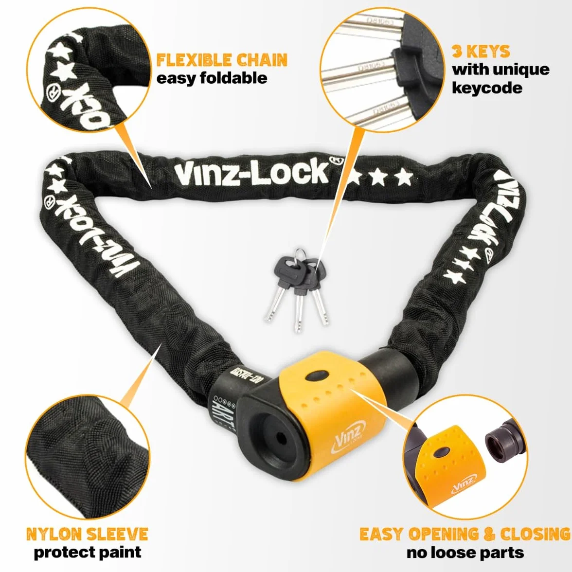 VINZ Jannu Candado de Scooter | Antirrobo con Llave | Homologada ART 3 | Testado Acero Endurecido ø10mm | Candado de Cadena para Motos & Scooters - 100cm
