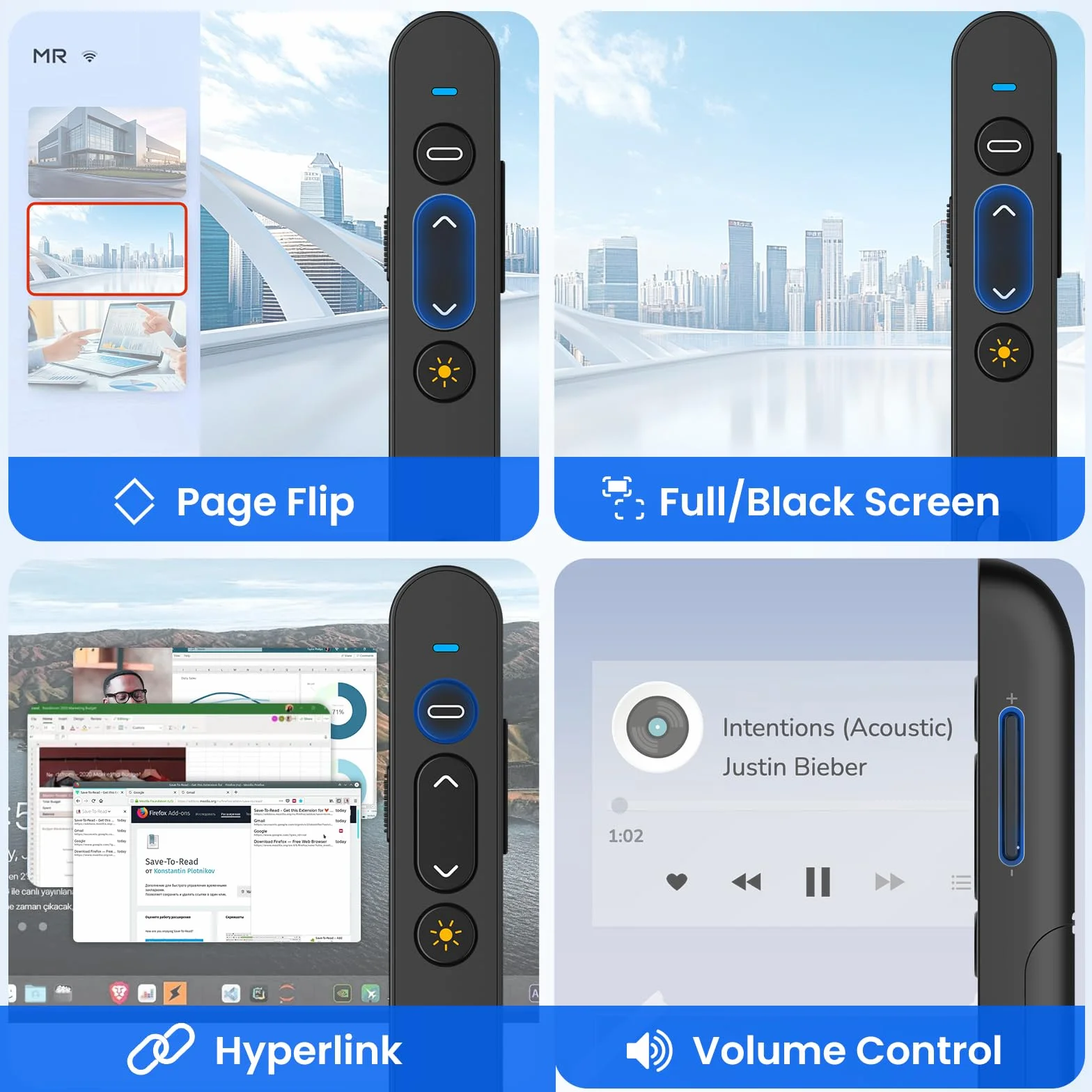Puntero Presentador Inalámbrico 2,4 GHz con Receptor USB-C Control Remoto para Presentaciones, Hipervínculo y Volumen
