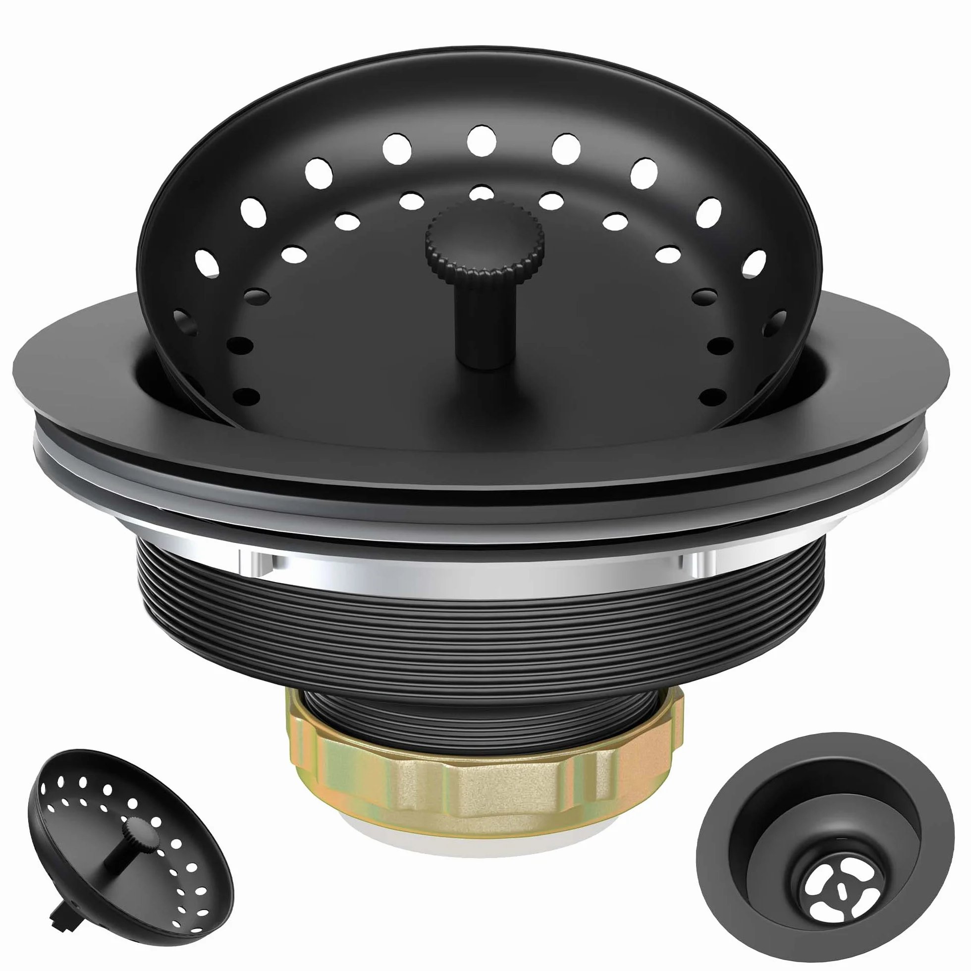 Kit de Montaje de colador de Fregadero de Cocina Negro Mate de 3-1/2 Pulgadas con Cesta coladora y tapón de Drenaje para Fregadero de Cocina estándar, Acero Inoxidable