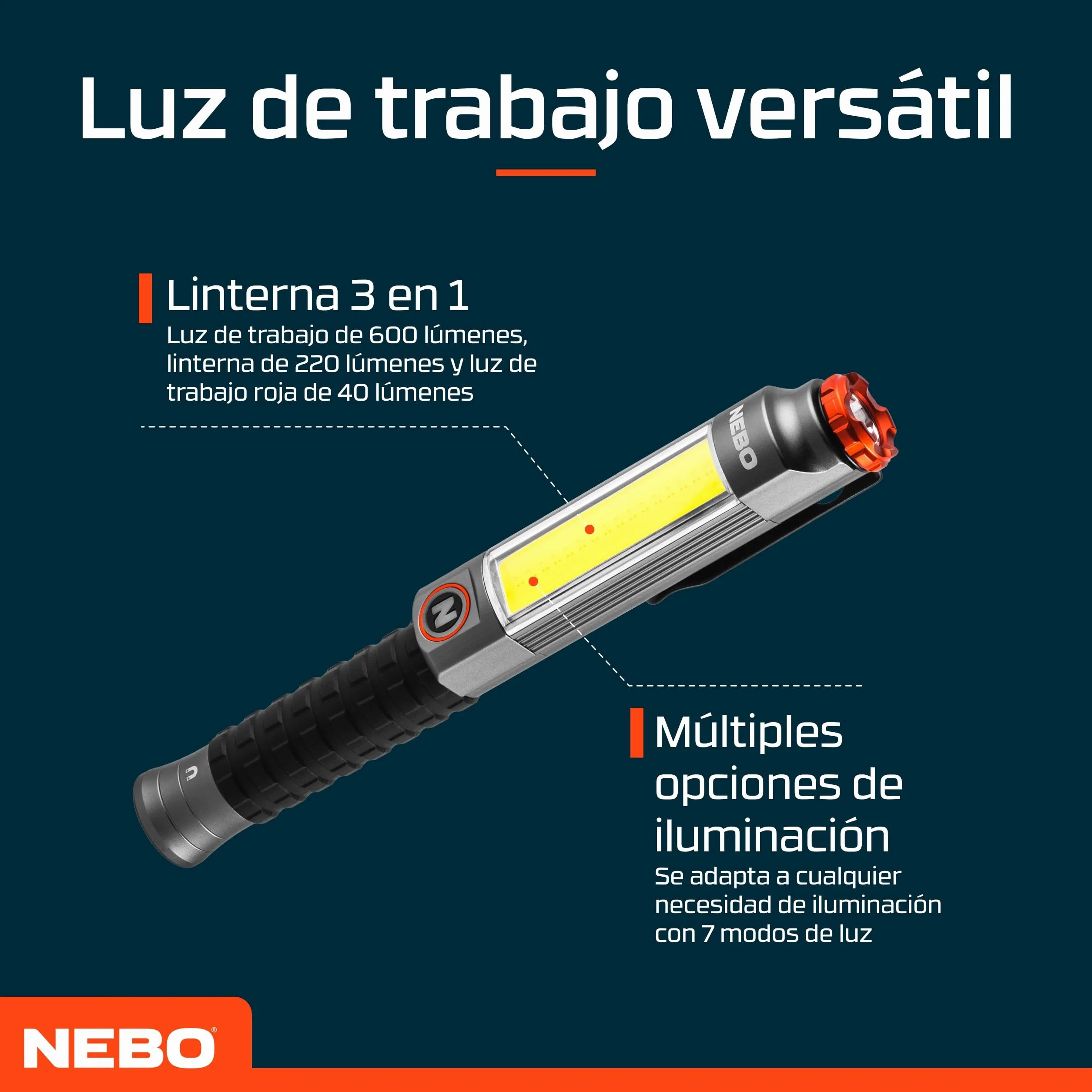 NEBO Big Larry 3 Black Line Luz de Trabajo – 600 Lm COB + 220 Lm Linterna | 7 Modos | Rojo Emergencia | Base Magnética | Clip Acero | Atenuable | Direct-to-Red | IPX4 | 3x AA
