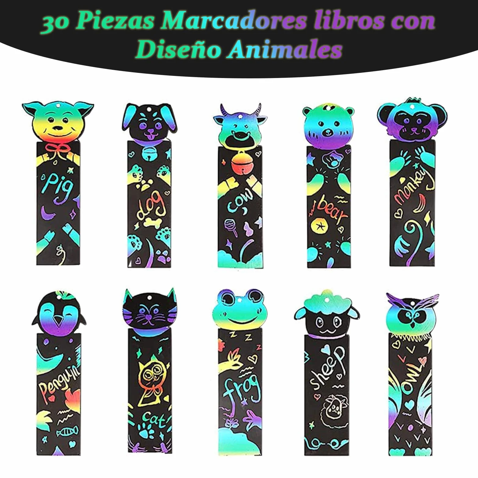 Marcadores libros 30 Piezas Papel Rascar Diseño Animales Regalo Cumpleaños Niños