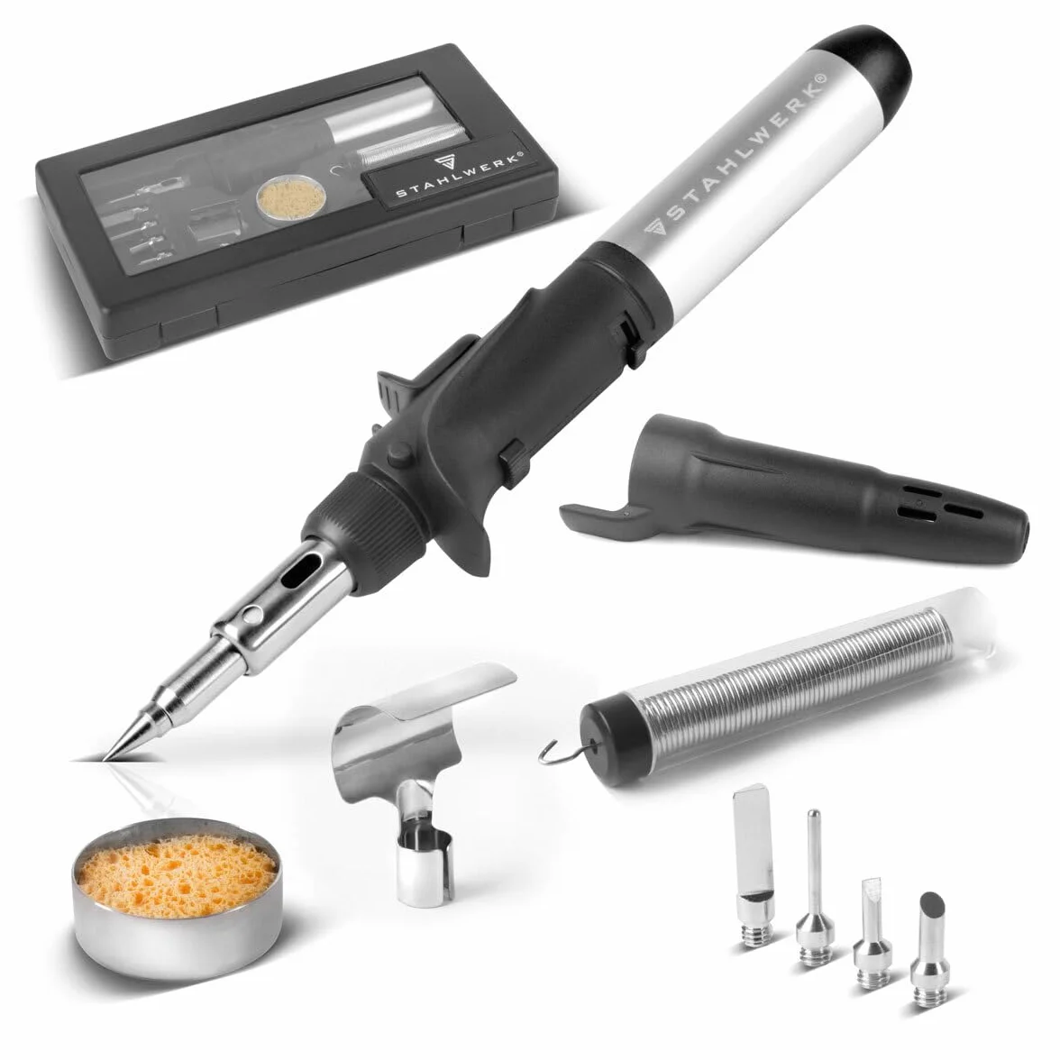 STAHLWERK soldador de gas GLK-500 ST Juego de soldadura de gas 3 en 1 de 10 piezas pistola de soldar con 200-500°C de temperatura de soldadura y boquilla de llama de 1.300°C para aire caliente