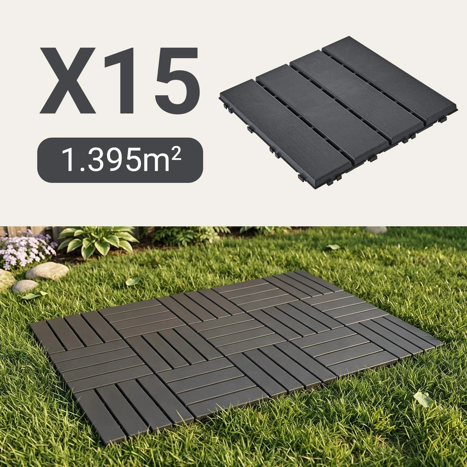 Sobuy Set Suelo Composite Exterior Antideslizante Impermeable 15 Piezas 30.5x30.5x2 cm
