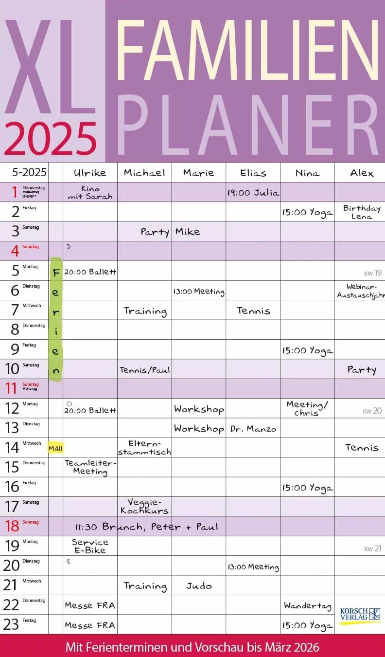 Agenda familiar XL 2025: calendario con 6 columnas anchas y vista previa hasta marzo 2026