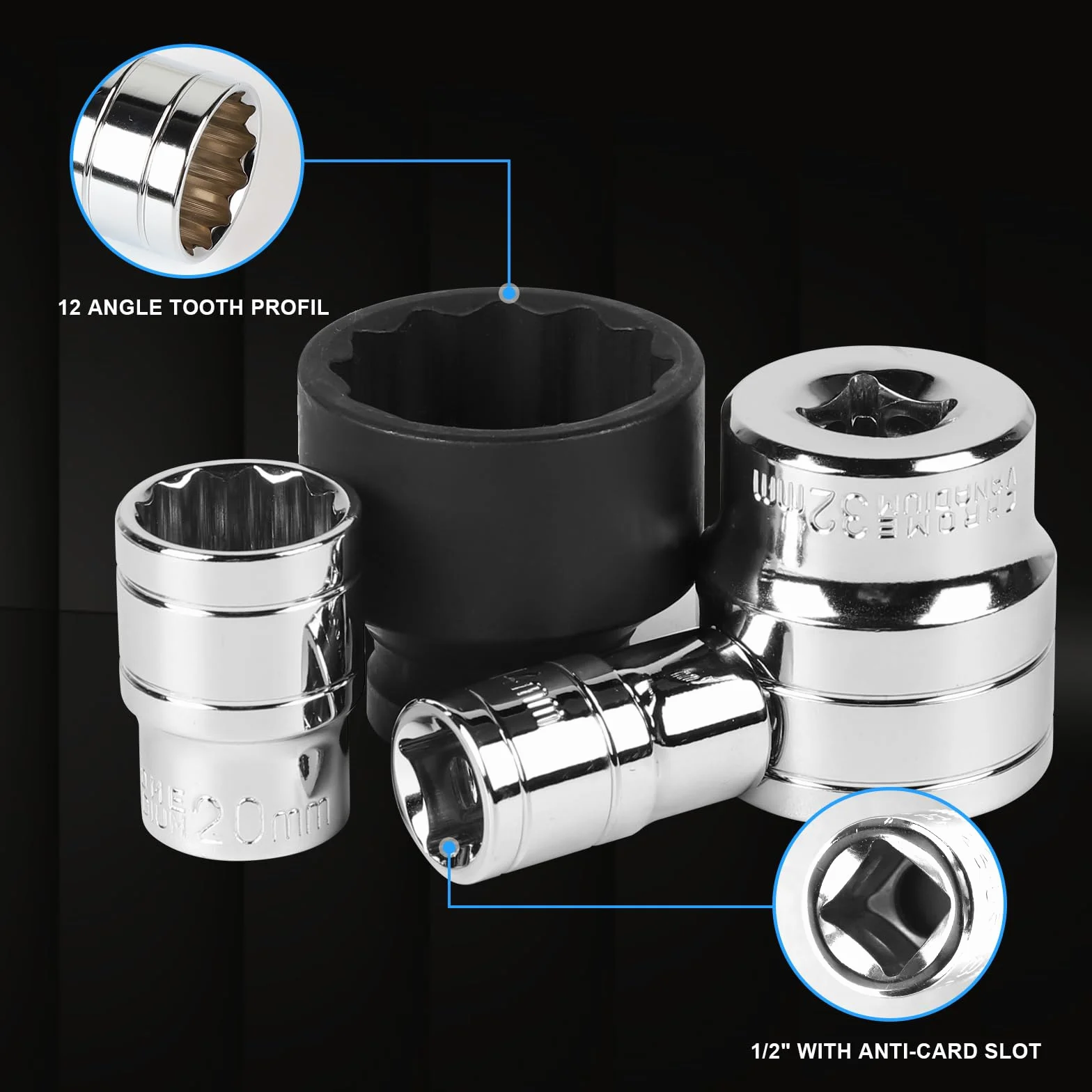 CPROSP 21 Pcs Juego de Llaves de Vaso 12 Caras 1/2 8-36mm con Estuche Resistente y Portátil, Juego de Vasos Gearlock Tamaño Máximo 36 mm CR-V en Acero
