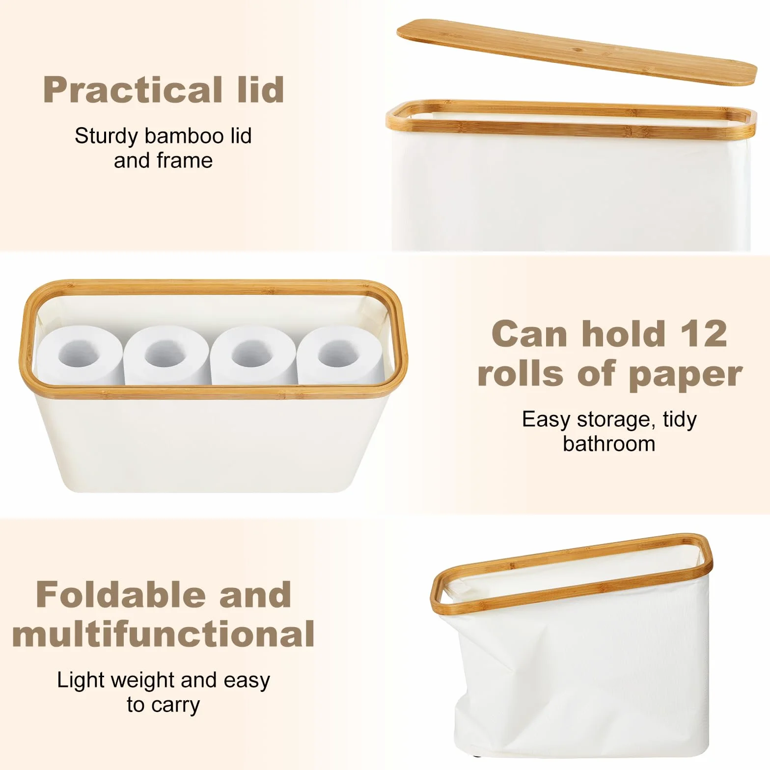 Portarrollos Papel Higienico con Tapa, Soporte para 12 Rollos, Beige