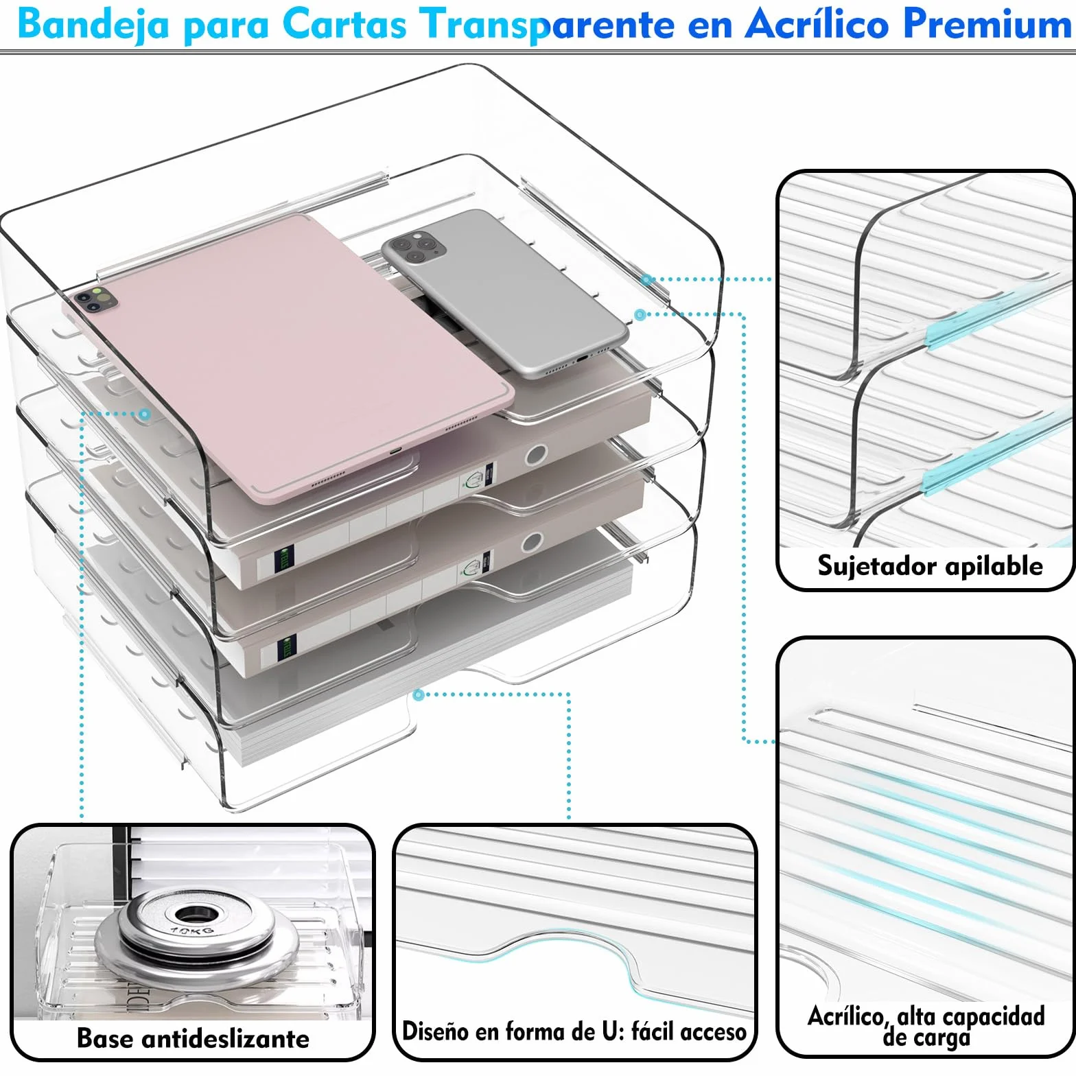 Bandejas de Acrílico para Cartas Apilables Transparentes, para Documentos A4