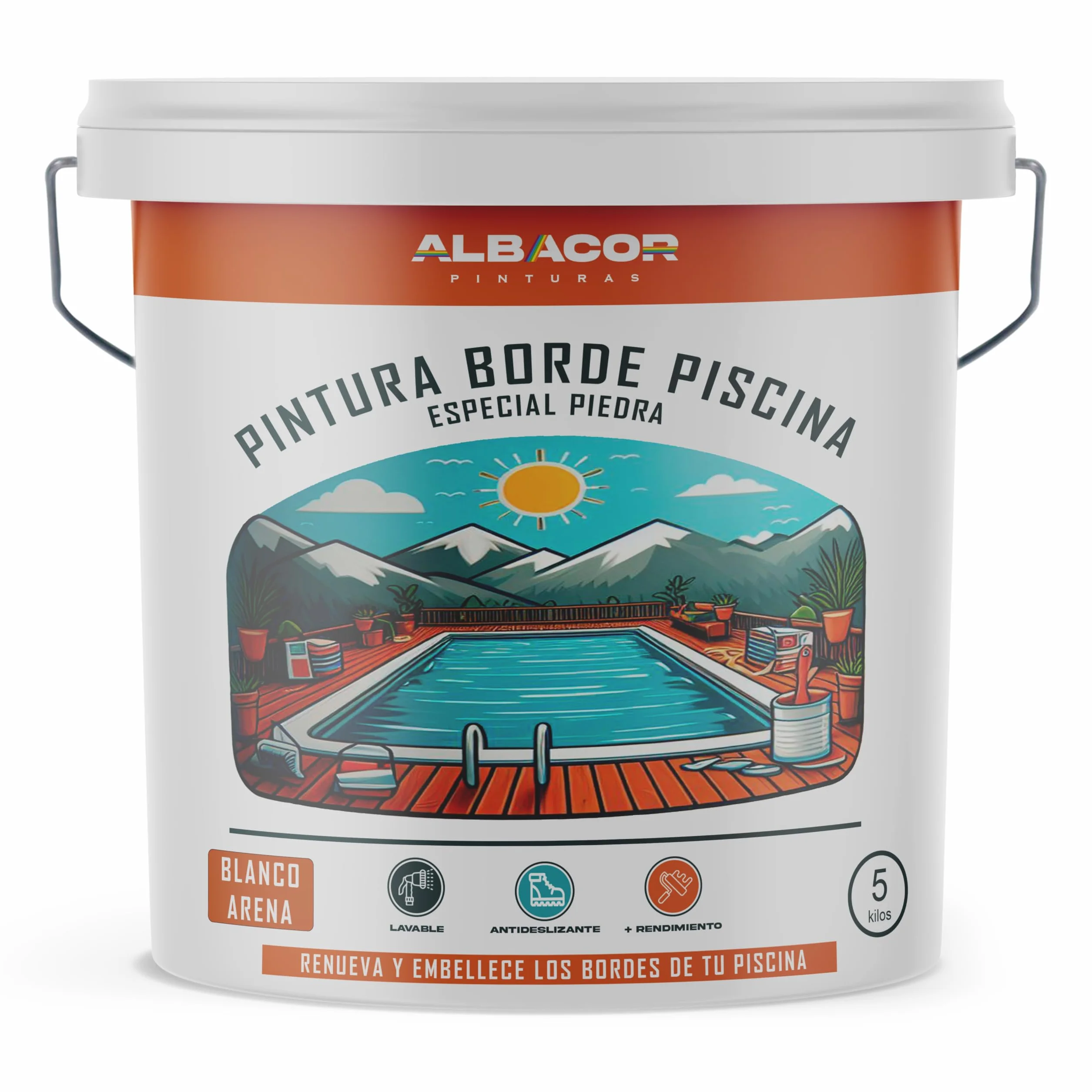 ALBACOR Pintura para Bordes de Piscinas y Piedra de Coronación - Antideslizante Especial para Renovar - Alta Resistencia (Blanco Arena, 5 Kilos)