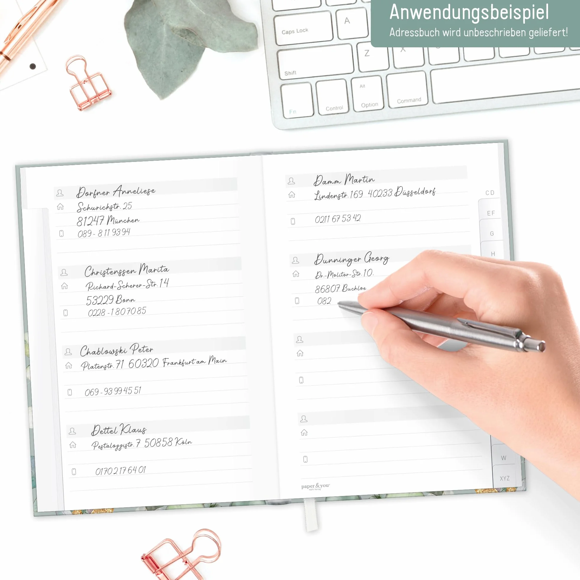 paper&you® Libro de direcciones A6+ con índice A-Z "Hojas de menta" para contactos, cumpleaños y contraseñas - sostenible y respetuoso con el clima