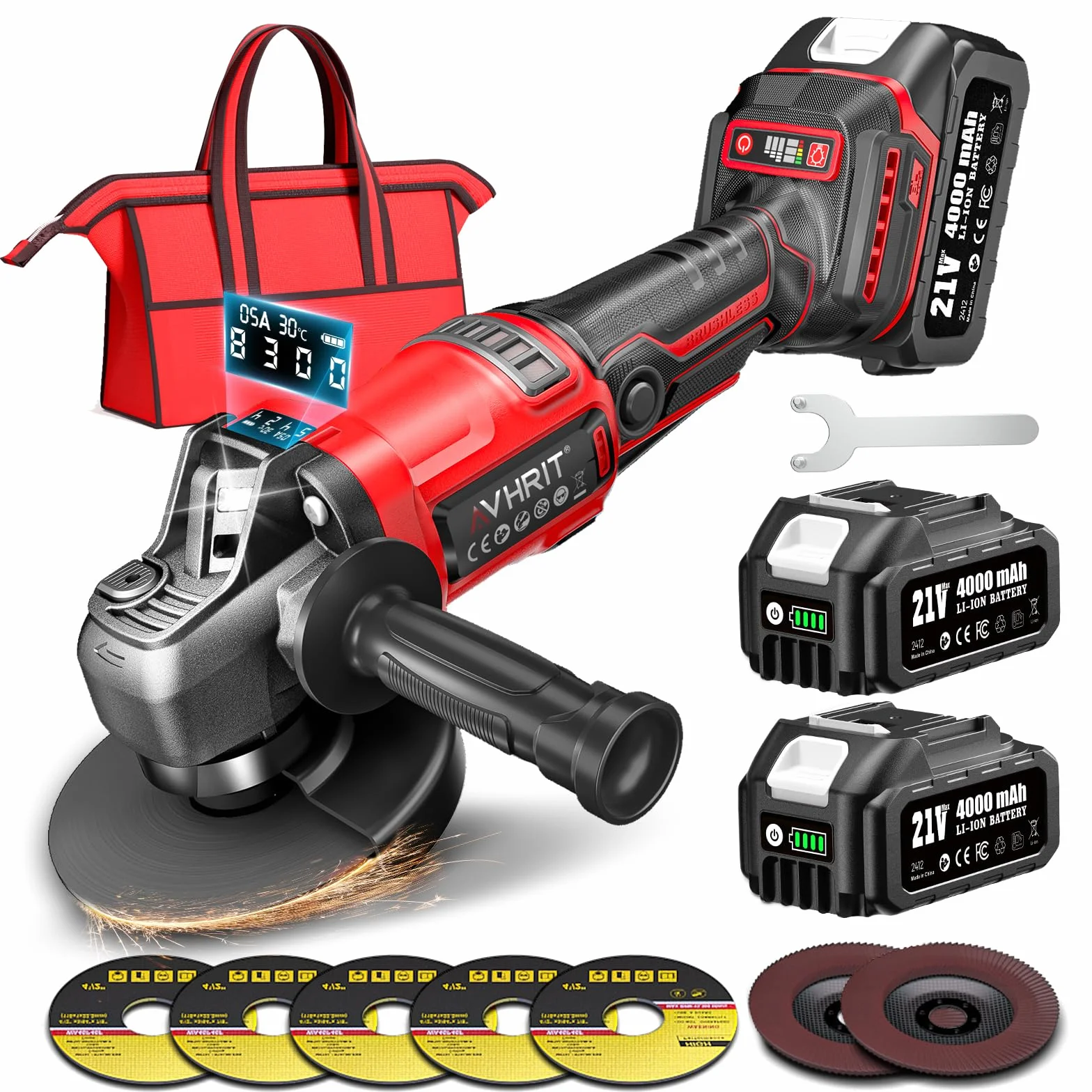 Amoladora angular con batería, 10.000RPM Amoladora Angular inalámbrica Motor Sin Escobillas, 2X4000mAh, 3 Velocidades, Bloqueo de Spindle Rápido, Mango Anti-Vibración para Cortar, Desbastar