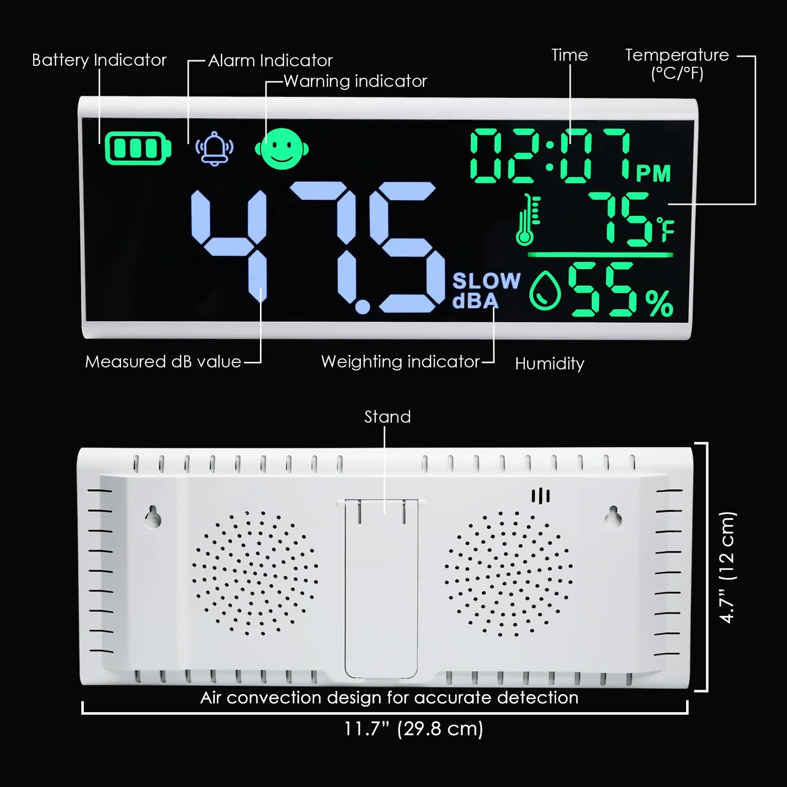 Medidor de nivel de sonido montado en pared y escritorio con indicador de iconos de alarma de zumbador