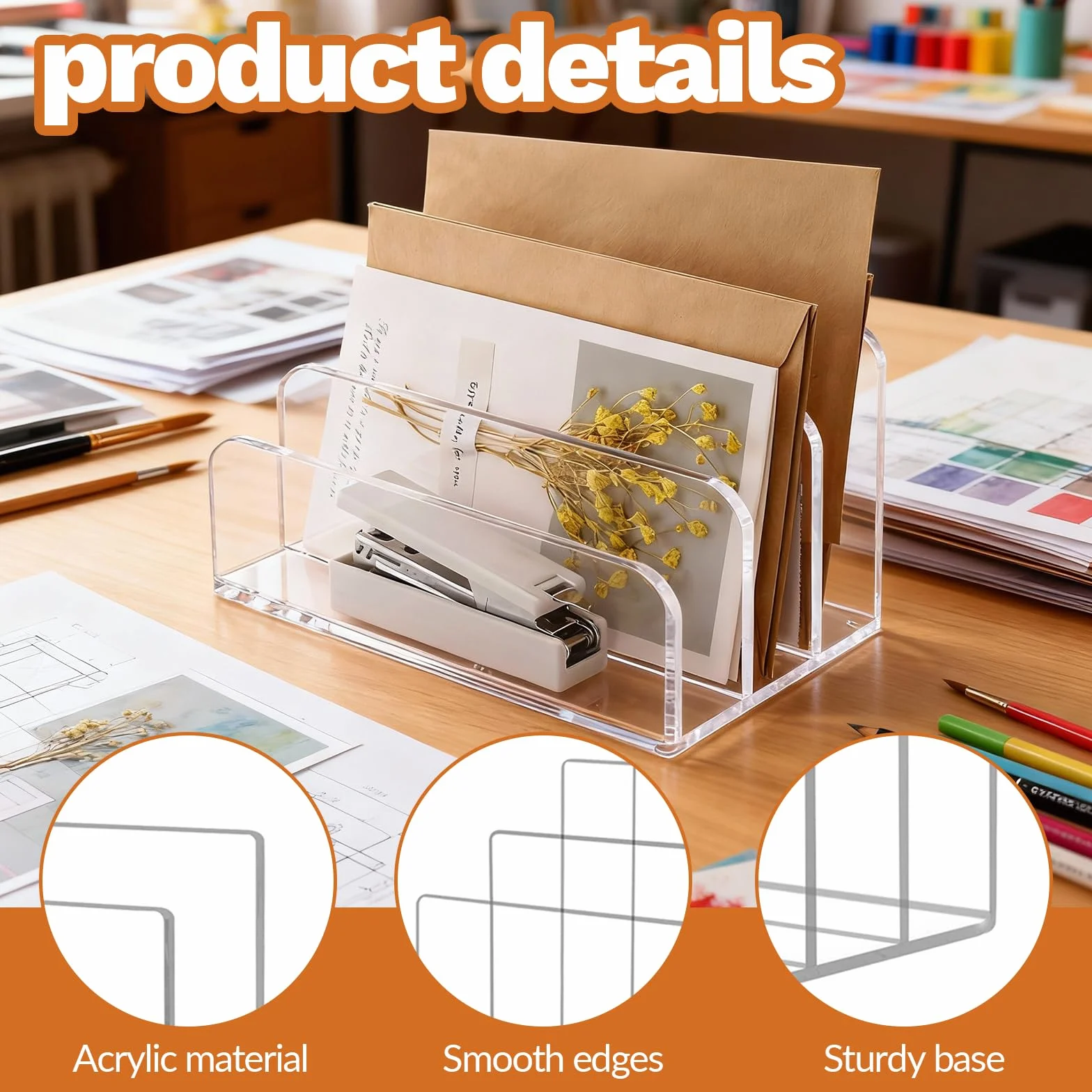 Organizador de cartas acrílico transparente con 3 compartimentos para escritorio