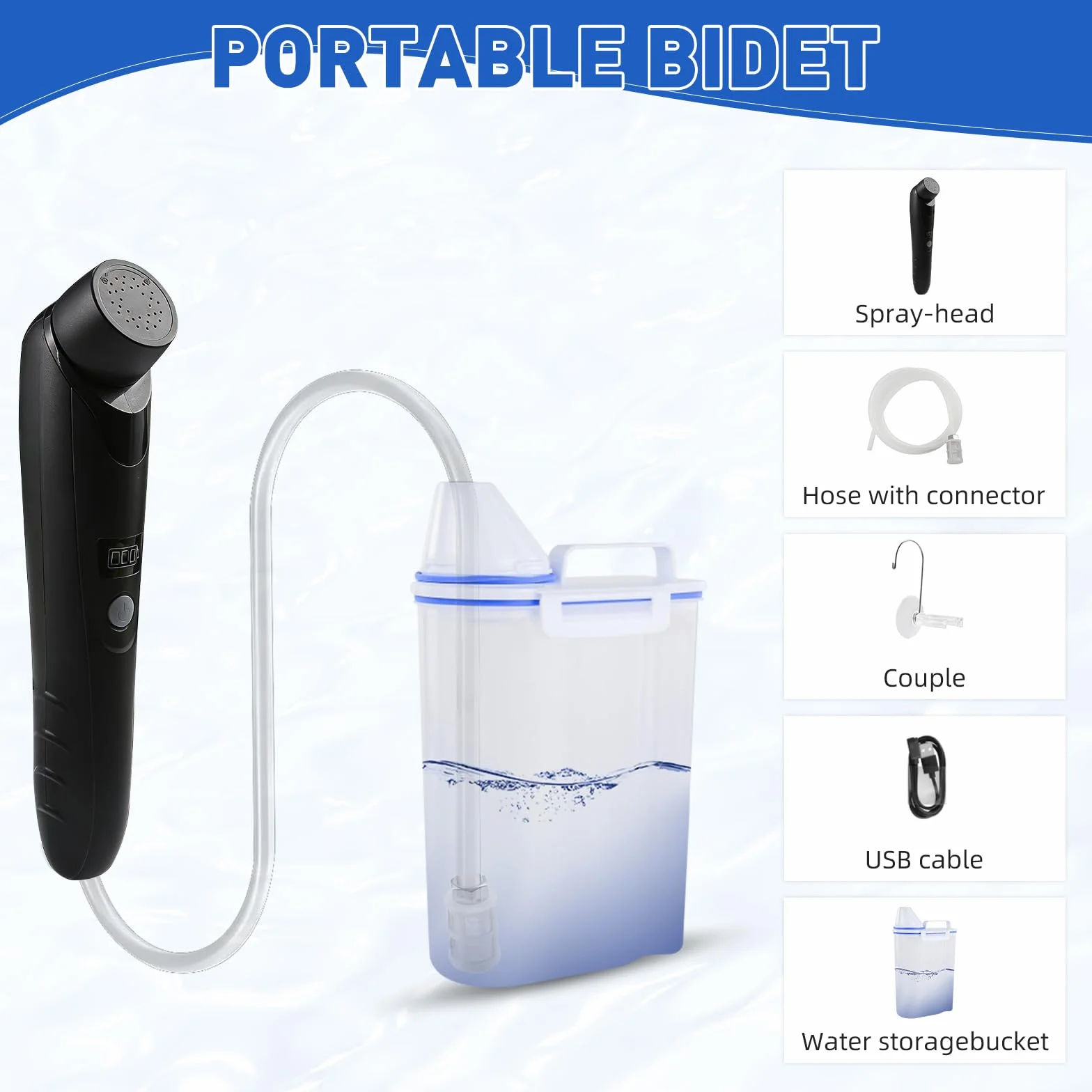 Bidé Portátil, 2.5L Bidé Eléctrico, Pulverizador Eléctrico de Mano para Bidé, Bidet de Mano Pulverizador Kit, Recargable, Ducha Aerosol limpio, Ideal para Viajes, Unisexo-Negro