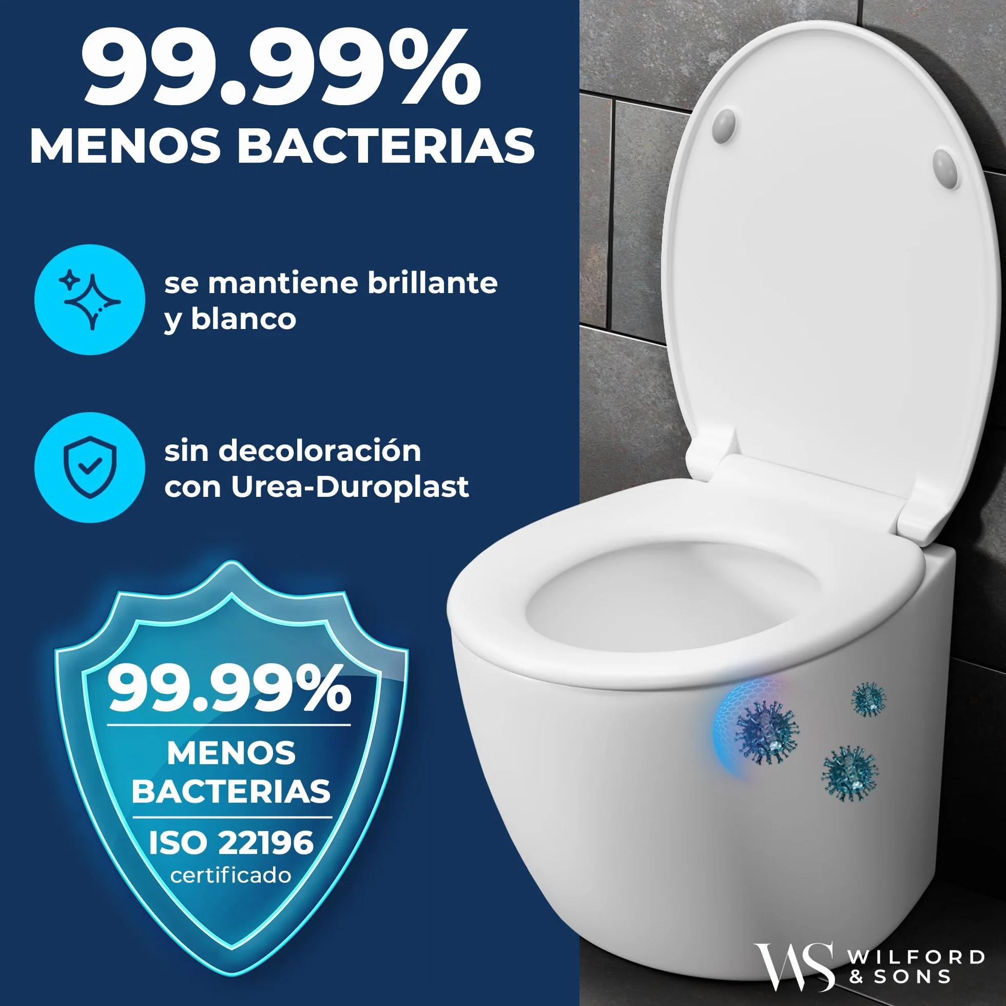 Wilford & Sons Tapa de Inodoro PREMIUM - Asiento WC con Cierre Suave - Tapa de Inodoro Forma O blanca - Asiento de Inodoro - Asiento de Toilette Desmontable - Limpieza Fácil - Duroplast