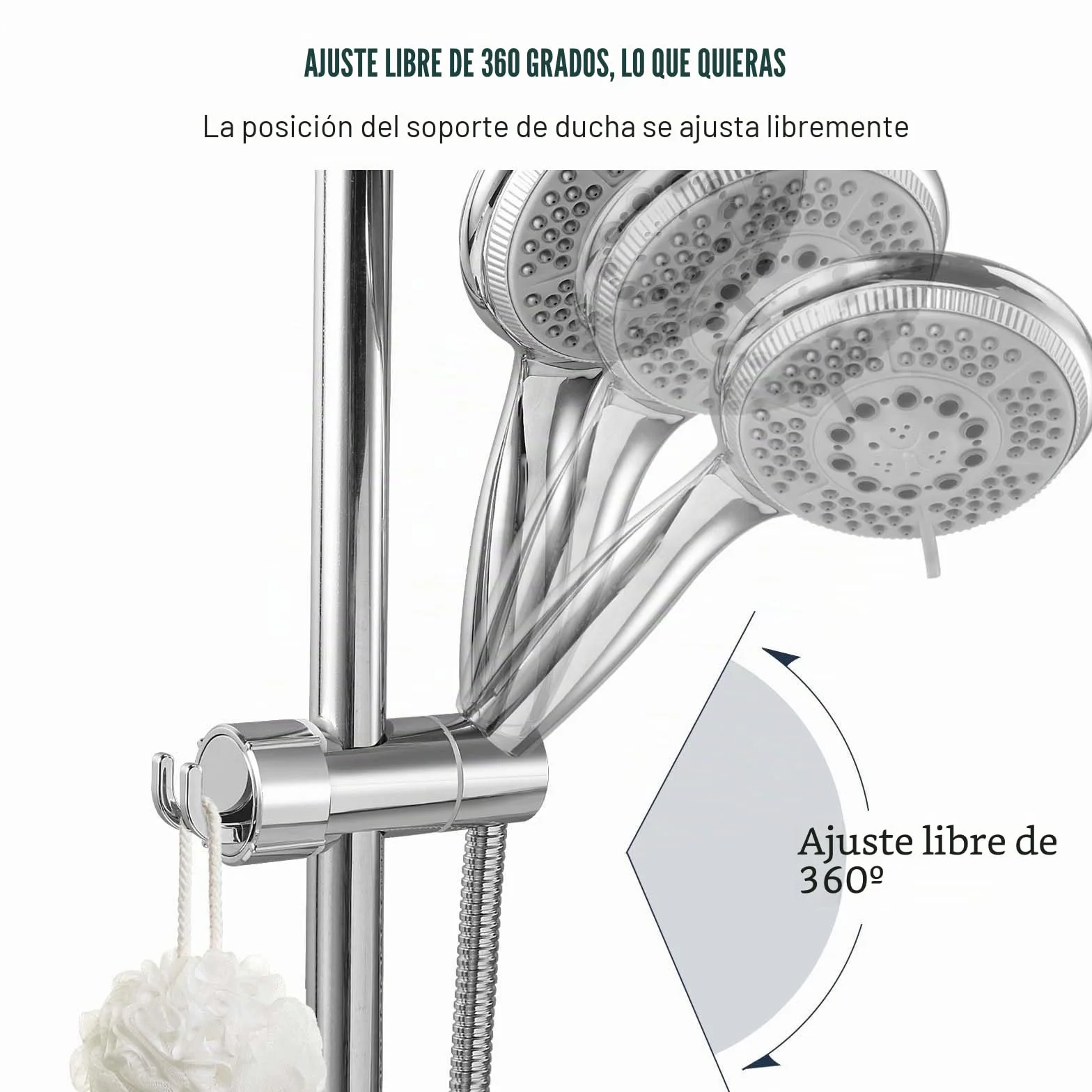 Vinabo Universal Soporte Ducha con 2 Ganchos, Soporte de Ducha, sin perforación, 18-25 mm, diámetro Ajustable, Espaciador Integrado para Proteger la Barra de Ducha