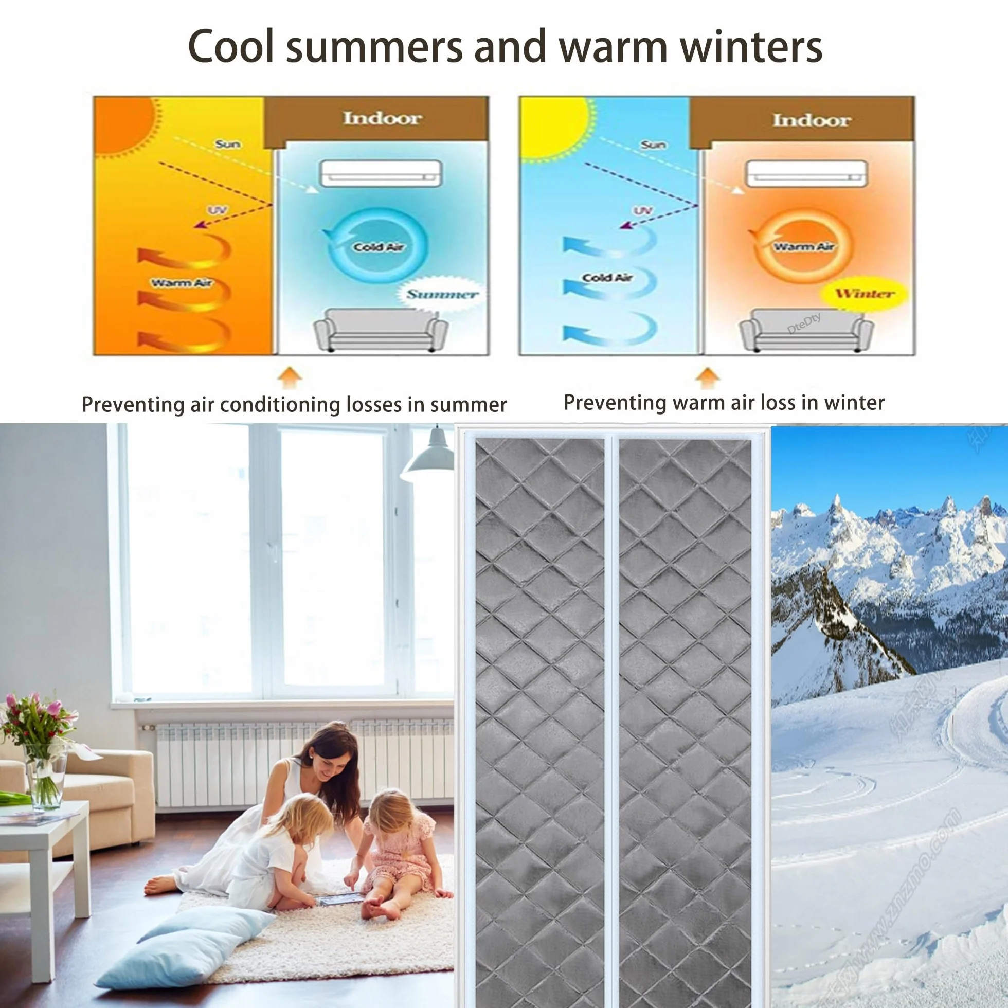 Cortina De Puerta Térmica Magnética, 125x220cm Aislamiento Cortina De Puerta Magnética A Prueba De Viento Puertas Plegables De Invierno Cierre Automático Interno(Gris)