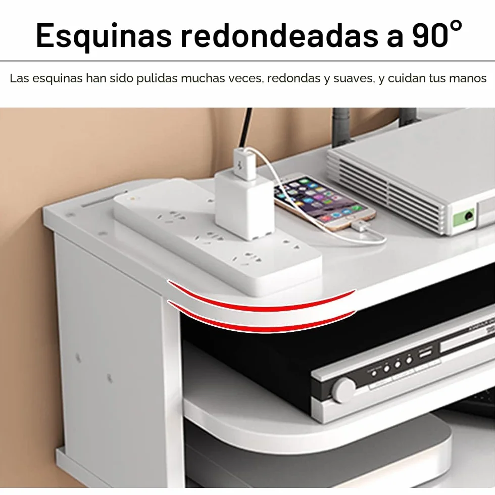 Estante de Pared para Router WiFi y Decodificador, 3 Niveles, Blanco | Madera maciza de 12 mm, diseño abierto y 3 niveles; permite organizar cables, no bloquea la señal y es fácil de limpiar.