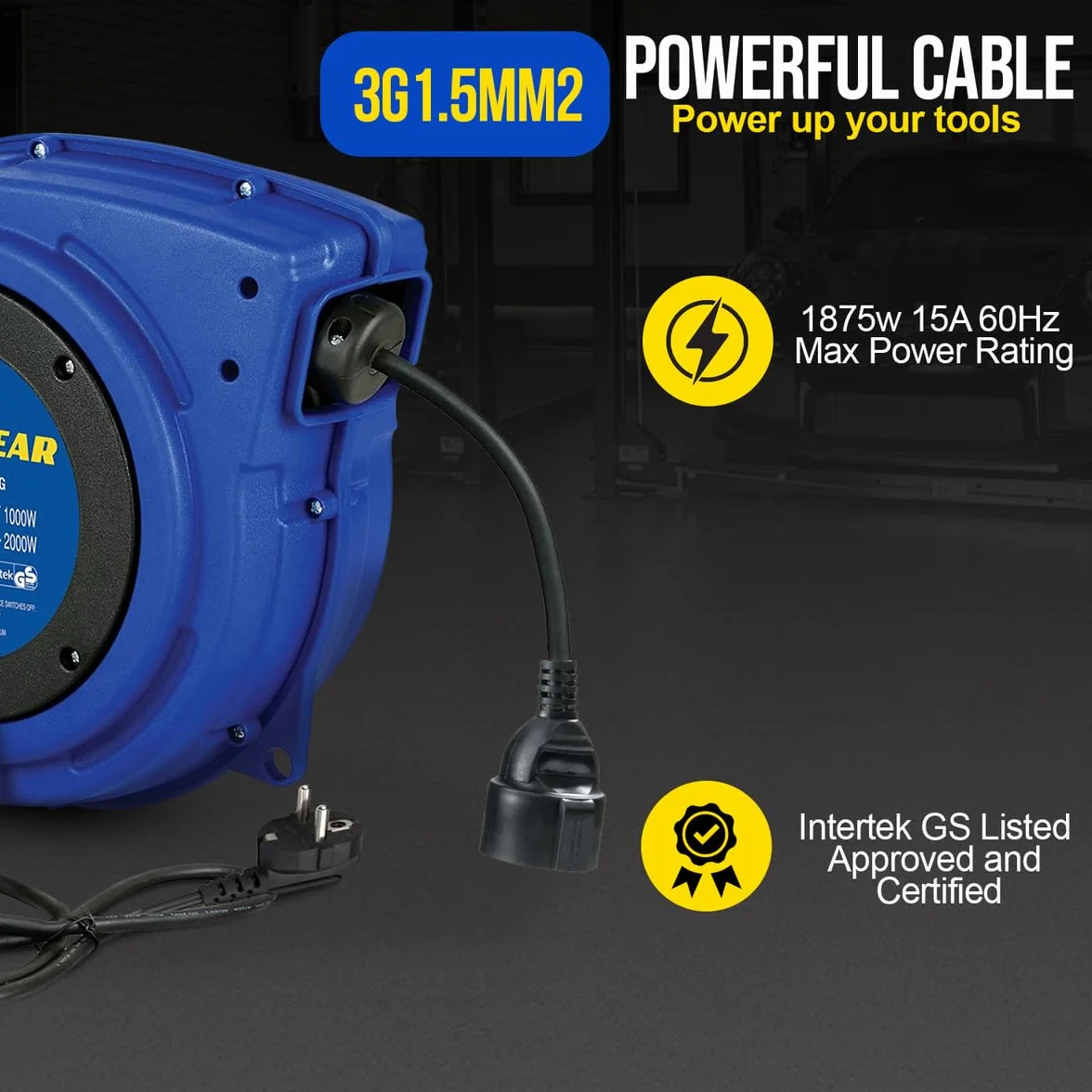 Goodyear Carrete de cable eléctrico automático Carrete de cable Carrete de cable de alto rendimiento 3G1,5mm² x 15 m con soporte giratorio Enrollado 1000W Desenrollado 2000W