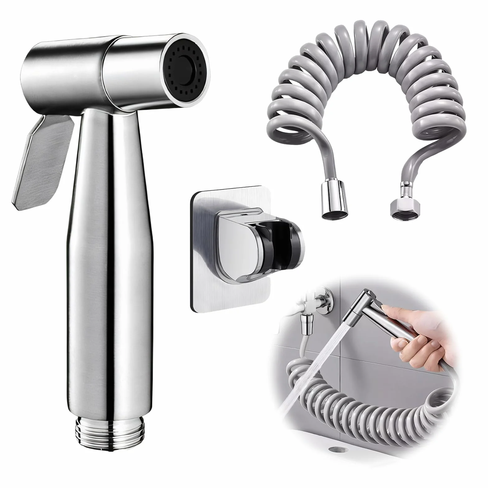 Ducha Bidet Acero Inoxidable, Grifo Portátil para WC Kit Ducha Lavabo, Soporte Adaptador Manguera 2m