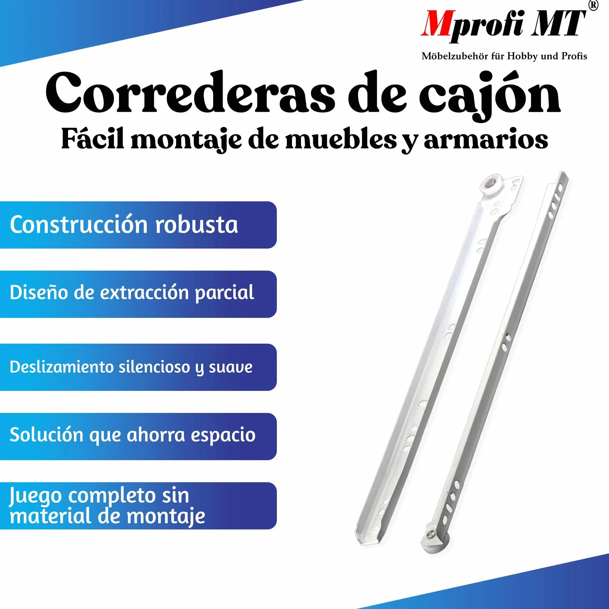 Mprofi MT® 20 Piezas, 10 Pares | Guías para Cajones | L:350mm | Correderas de Cajón | Extracción de Cajones | Rieles para Cajones | Guía de Bolas | Extracción Parcial
