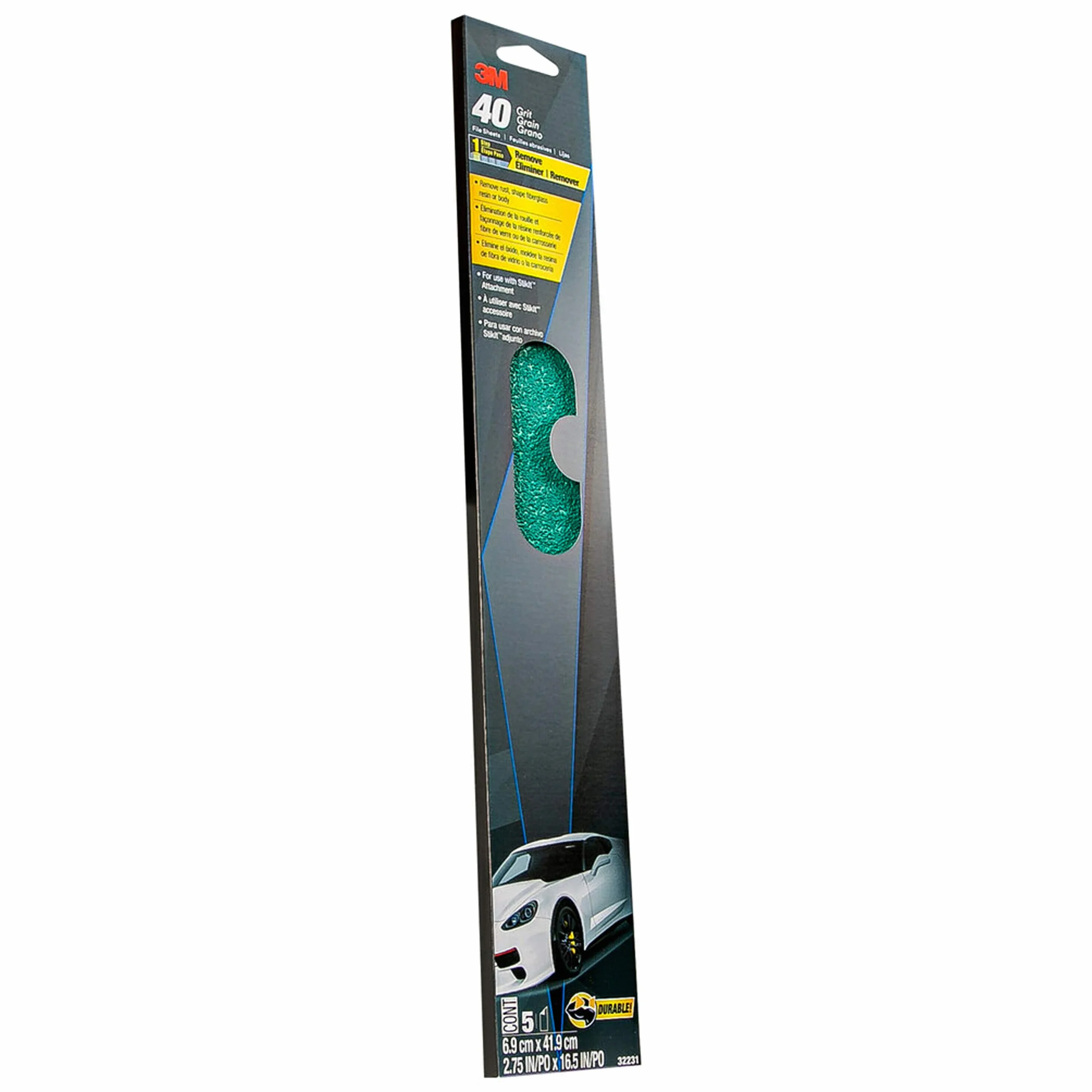 3M Green Corps Hojas de archivo, 32231, grano 40, 2-3/4" x 16 1/2", 5 hojas por paquete
