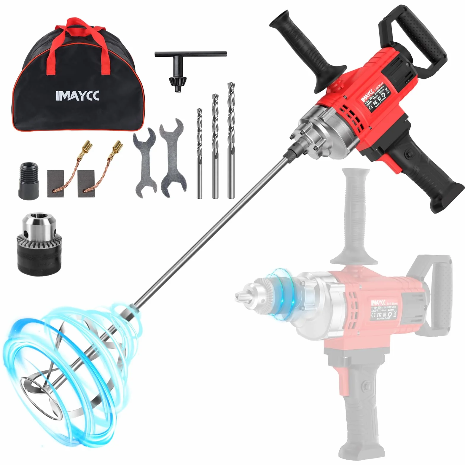 IMAYCC 3200W Mezcladora De Mortero Eléctrico,2 en 1 Multifuncional Batidora Mortero,Mezclador De Mortero Para Taladrar y Mezclar, Hormigoneras Electricas Para Mezclar Pienso,Pintura, Cemento