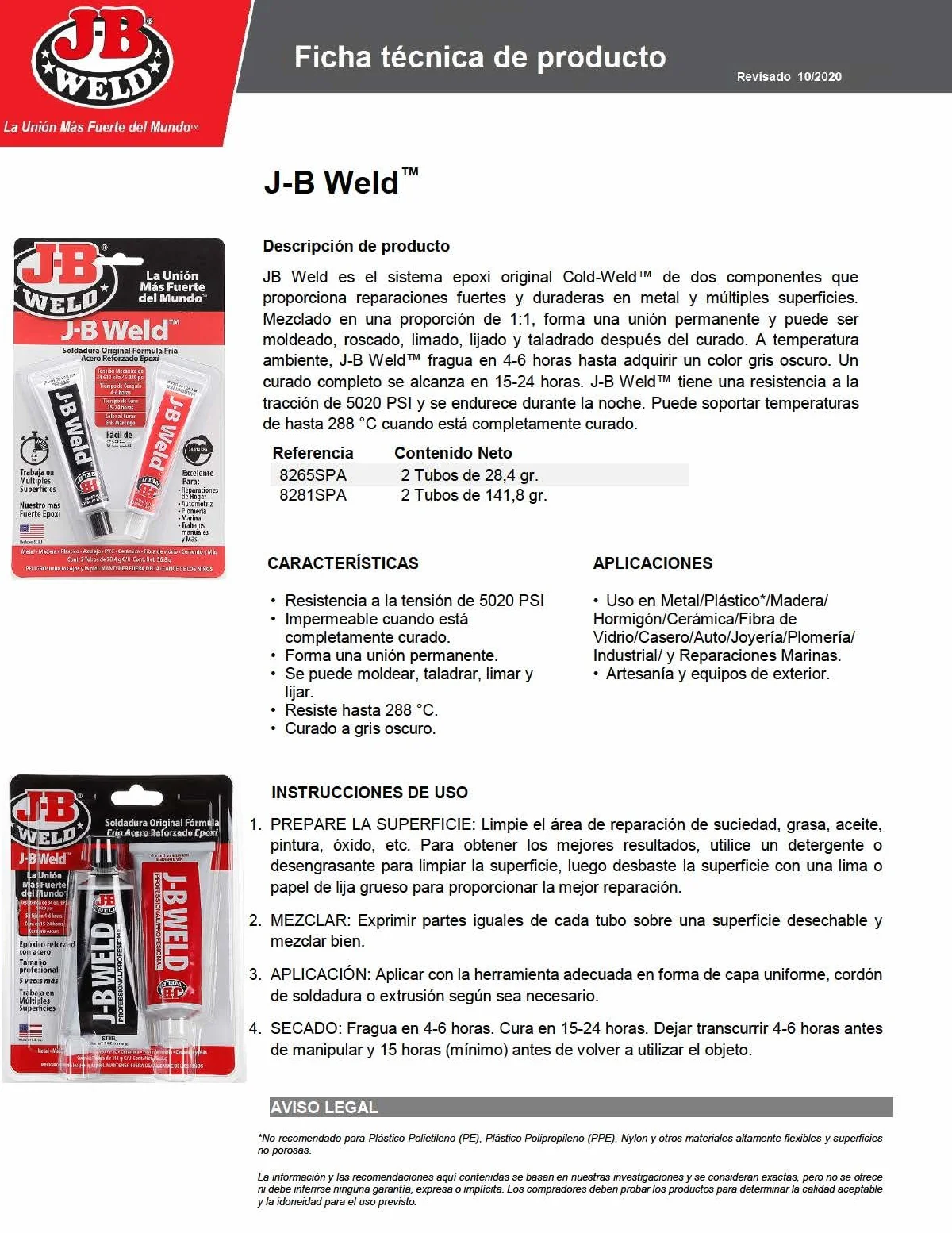 J-B Weld 8281SPA - Soldadura - Acero - Reforzado - Epoxi - Formula fría - Reparaciones - Múltiples Superficies - Formato Industrial 2 x 141,8gr