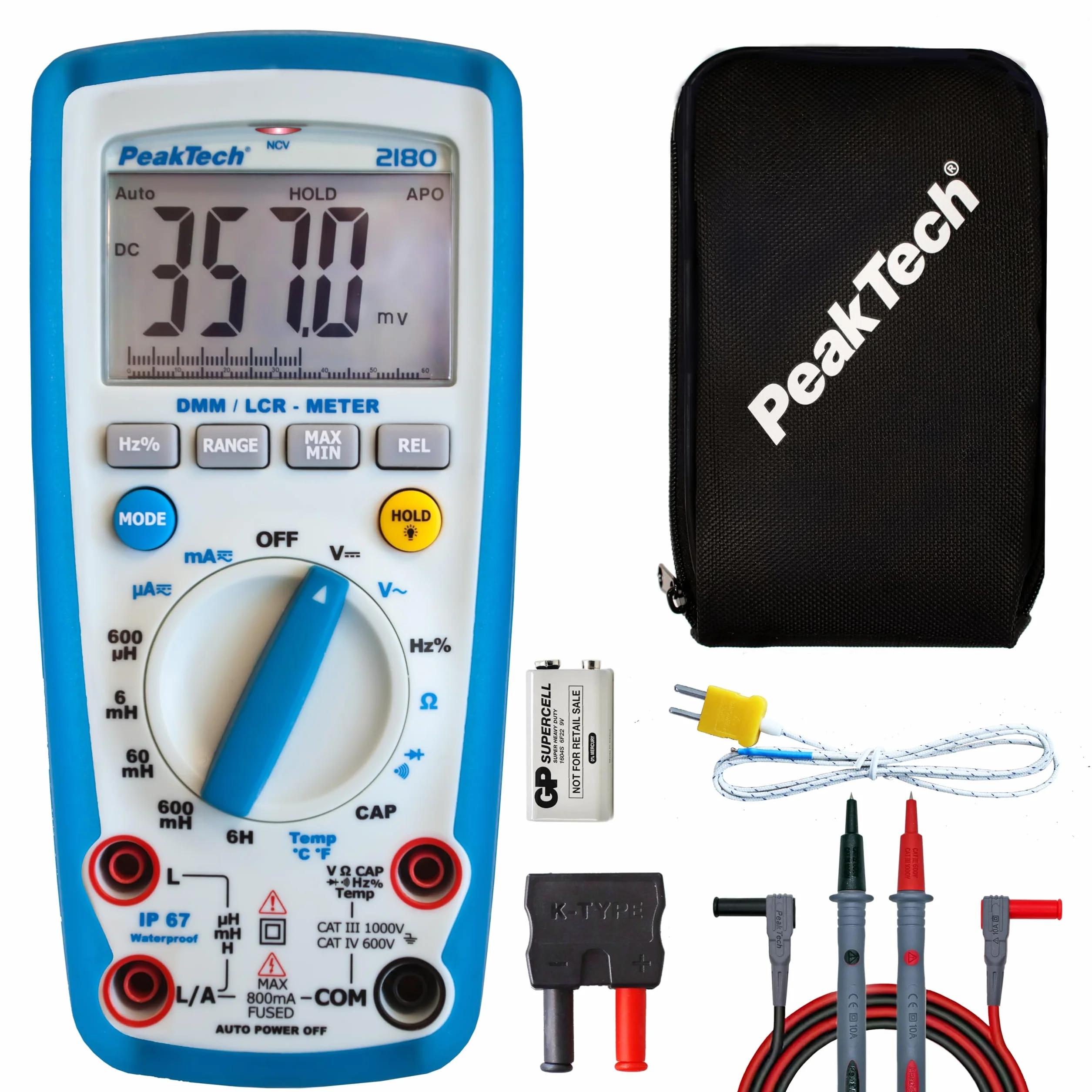 PeakTech 2180 – Multímetro digital con medidor LCR, resistencia, capacitancia, inductancia, 6000 cuentas, rango automático, amperímetro, probador de continuidad pantalla LCD iluminada - CAT III 1000