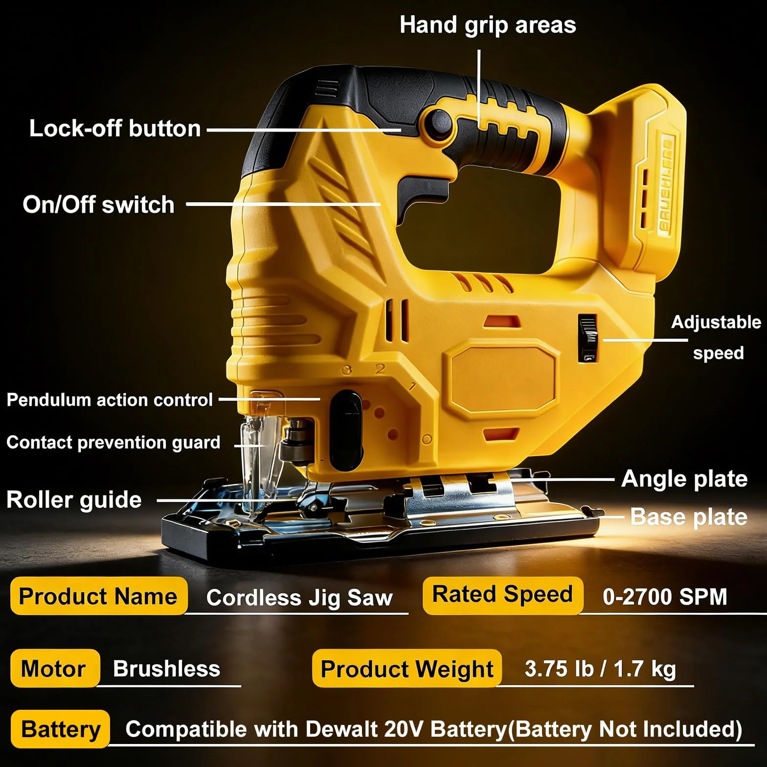 Sierra caladora inalámbrica compatible con batería Dewalt de 20 V, sierra caladora sin escobillas con 6 cuchillas, 4 juegos orbitales para corte de madera, plástico y metal (solo herramienta, sin