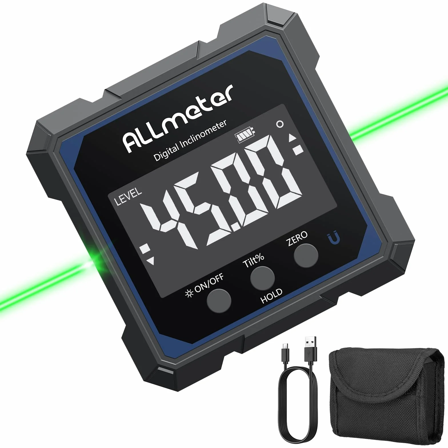 Medidor de ángulo digital recargable con nivel láser, 4 lados magnéticos, láser verde, inclinómetro +/- 0,1°, USB-C, para carpintería y construcción