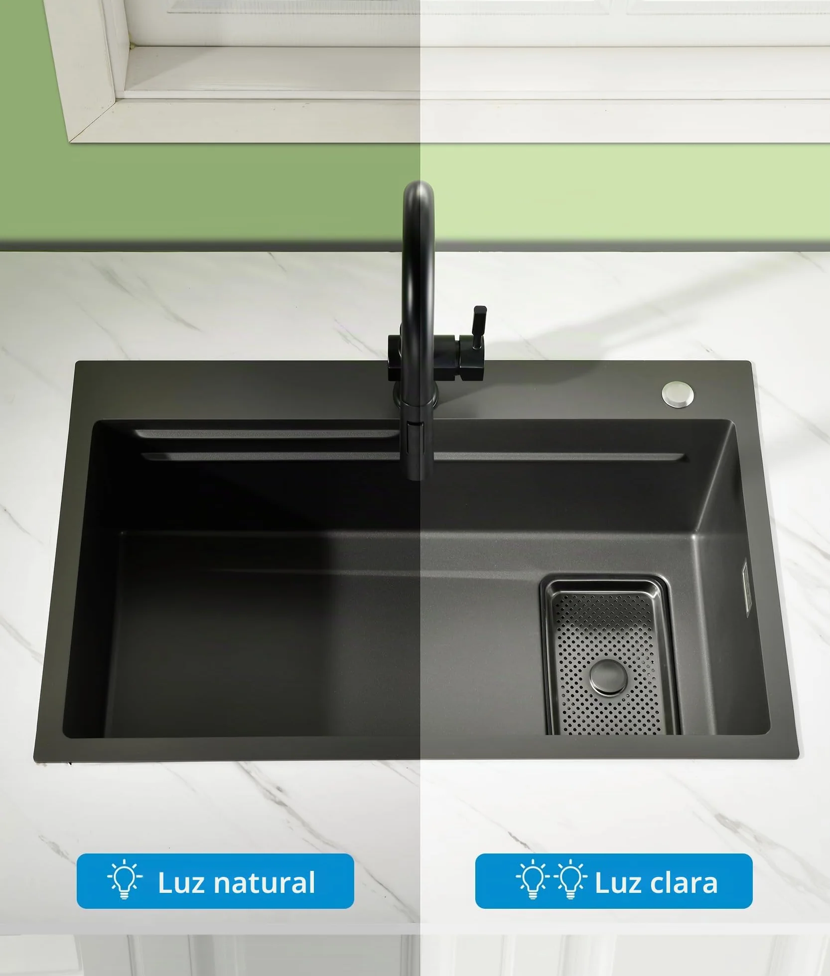 Fregadero Cocina Negro Acero Inoxidable 70×45cm,Fregadero Cocina 1 Seno,2 Orificios para Grifo,Kit Completo con Canasta,Bandeja de descongelación,Cestade Desagüe,Sifón