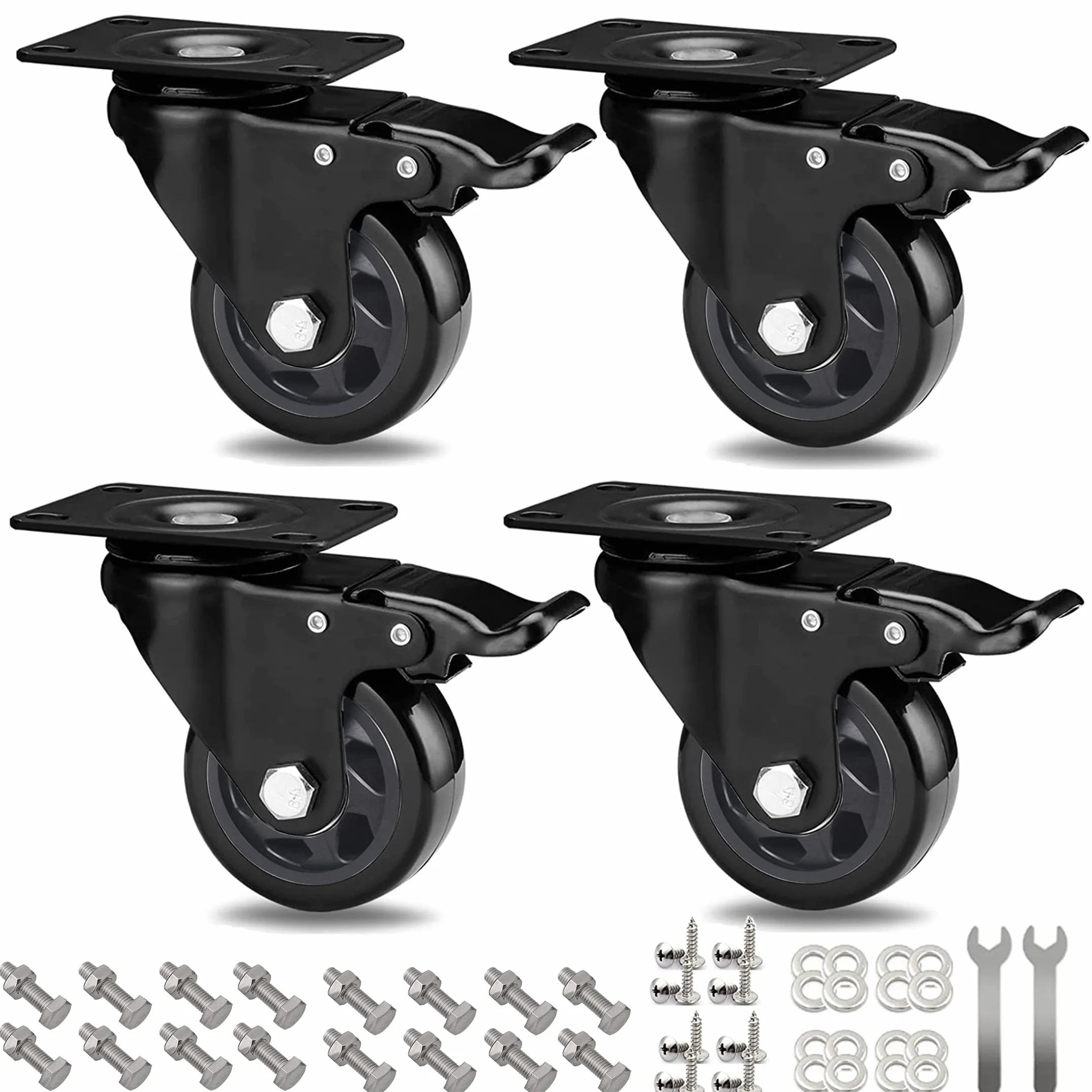 Ruedas Giratorias con Freno, Ruedas para Muebles de 75mm, Ruedas de Transporte para Muebles de 500 kg, Ruedas de Placa Industriales con Tornillos