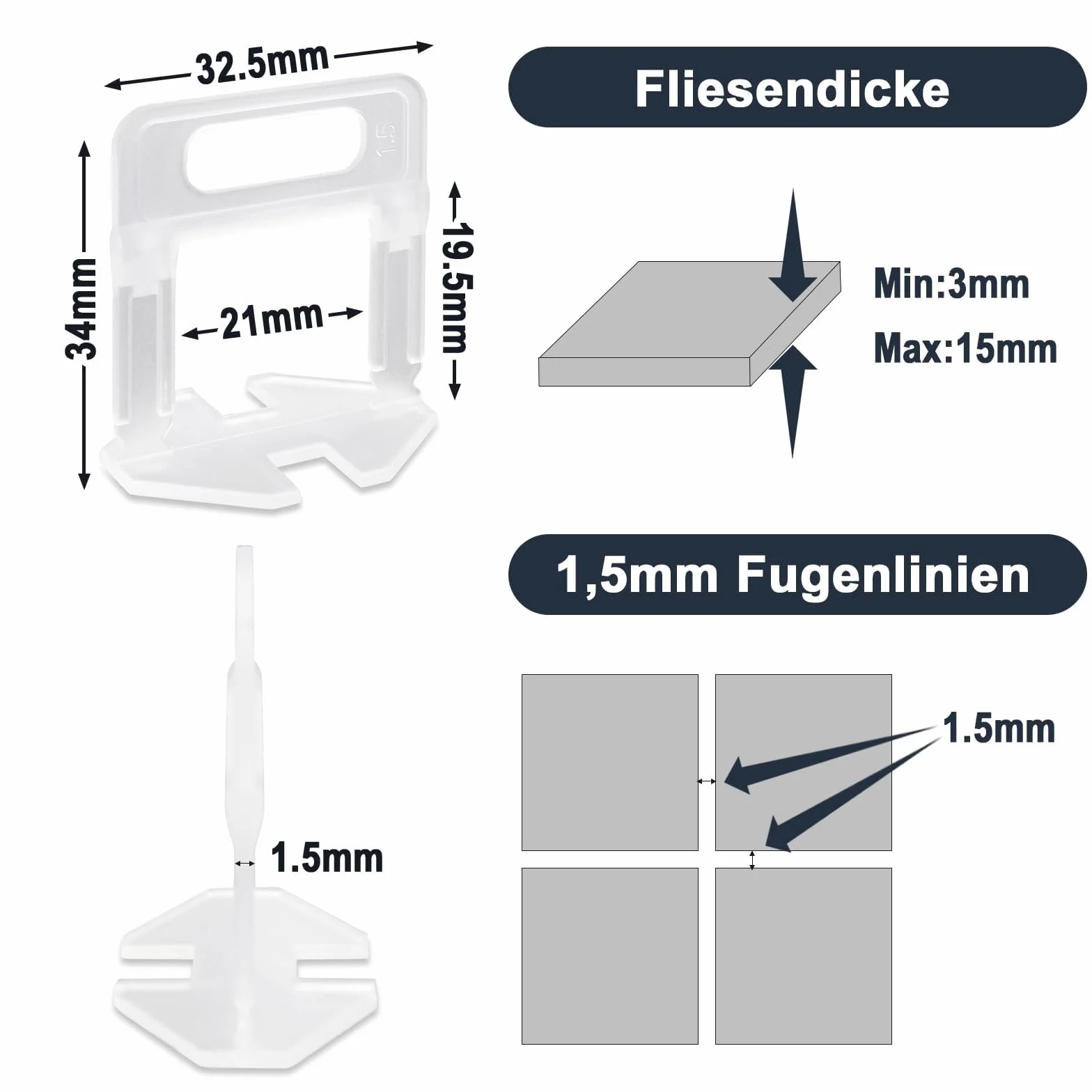Sistema de nivelación de azulejos, 1000 lengüetas, 1,5 mm de ancho de junta, sistema de colocación de herramientas para azulejos, altura 3-15 mm
