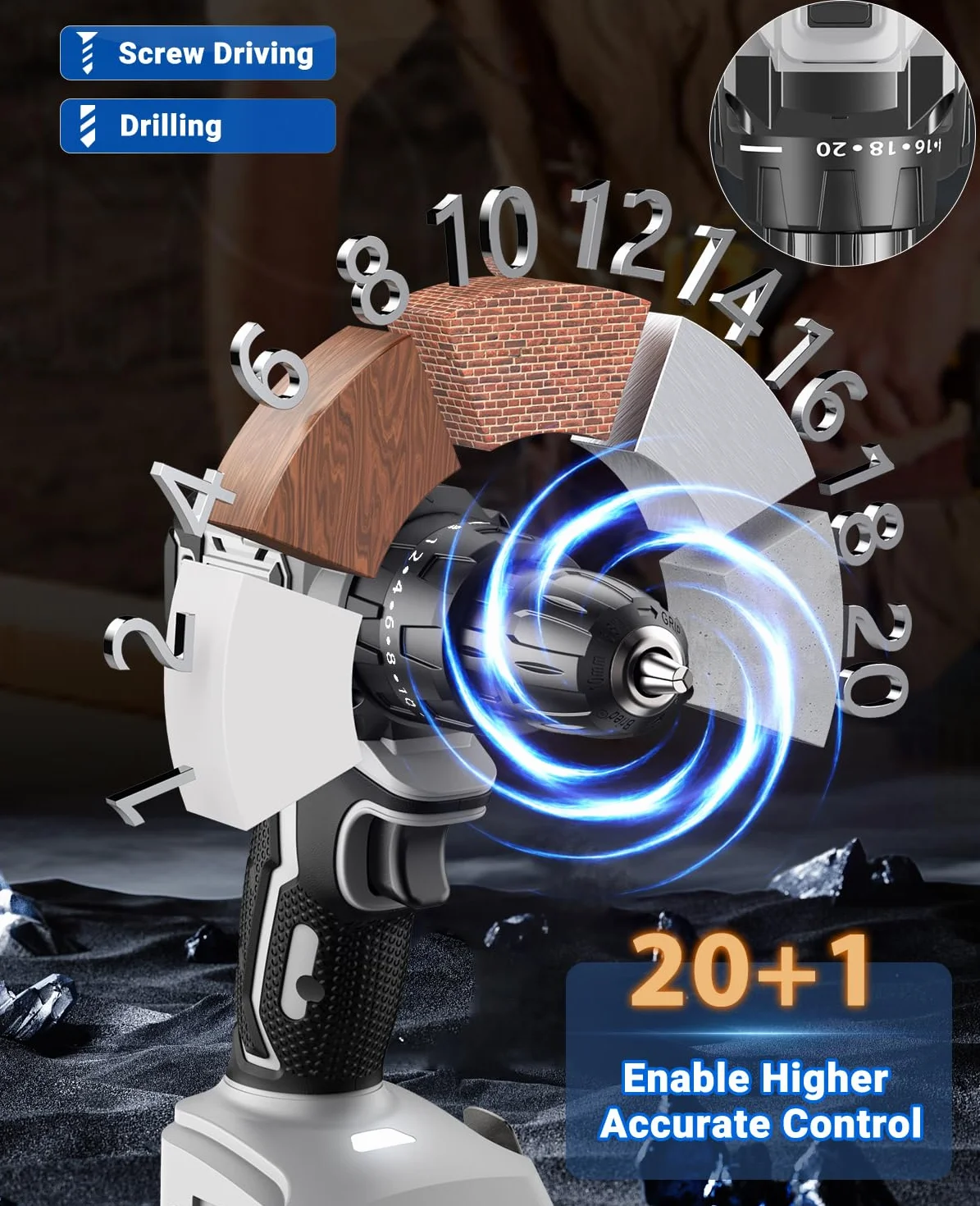 Taladro Percutor a Bateria 21V, Sin Escobillas Taladro Atornillador Bateria con 2x2.0Ah Baterías, Atornillador Electrico 45N.m, 20+1 Ajuste de Par, 14 Accesorios, 2 Velocidad, Gris (Gris)