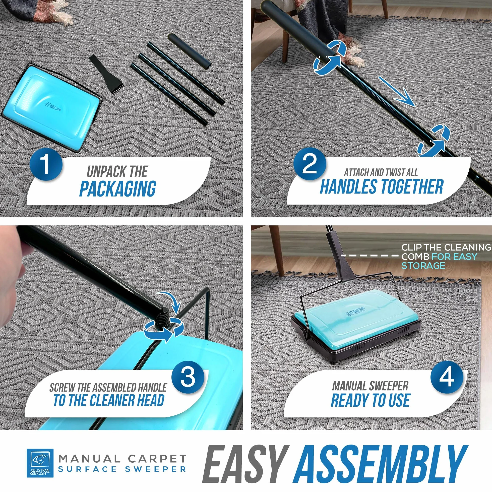 Barredora de alfombras, manual, no eléctrica, inalámbrica, giratoria, ligera, con cepillo de pelo de caballo que incluye peine de limpieza, perfecta para limpiar suelos duros, pelo de mascotas y