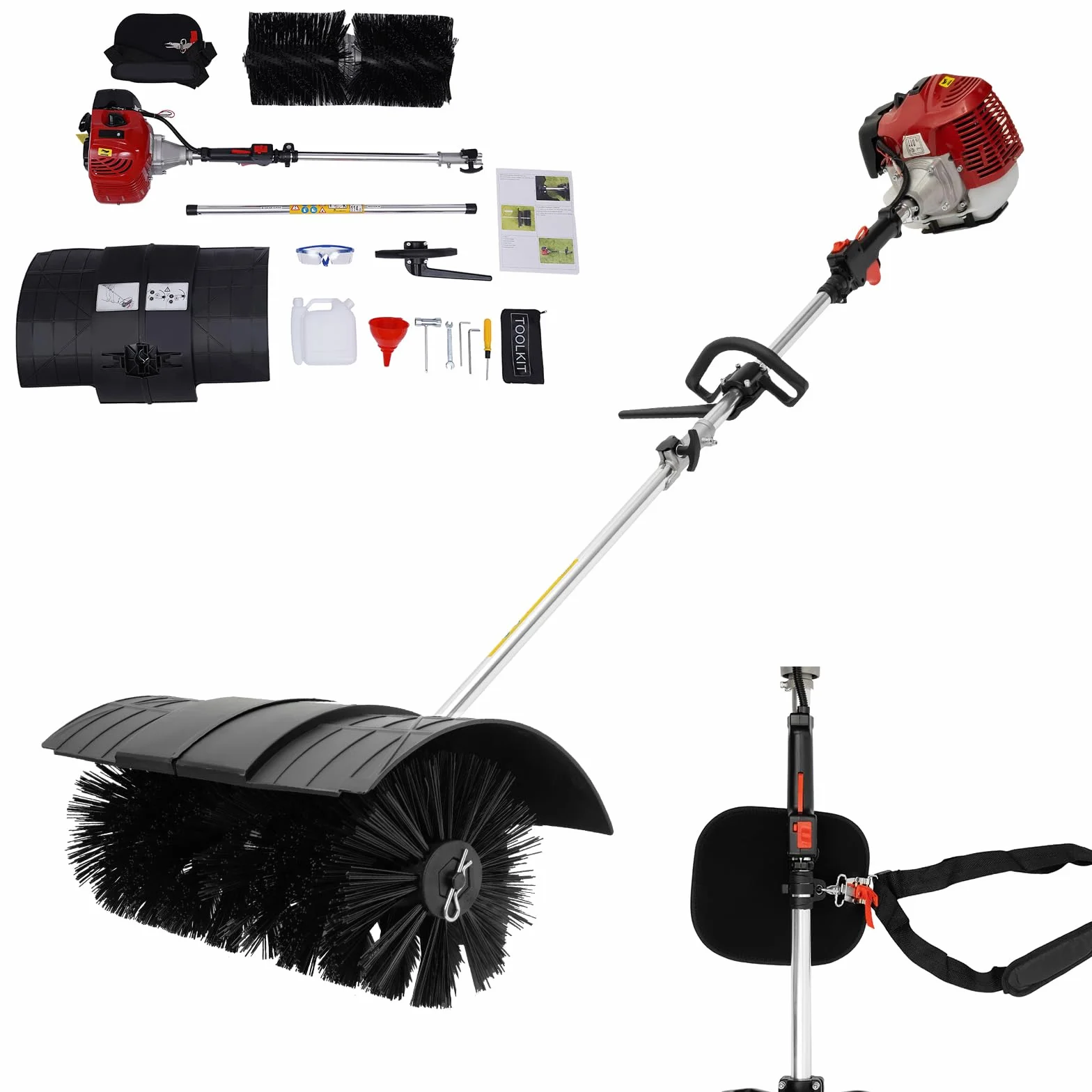 Barredora de 2 tiempos de 52 CC, escoba de motor de gasolina con gafas y correa para el hombro, 51 cm ancho de cepillo 1,25 kW removedor de nieve para césped artificial, adecuado para limpiar césped
