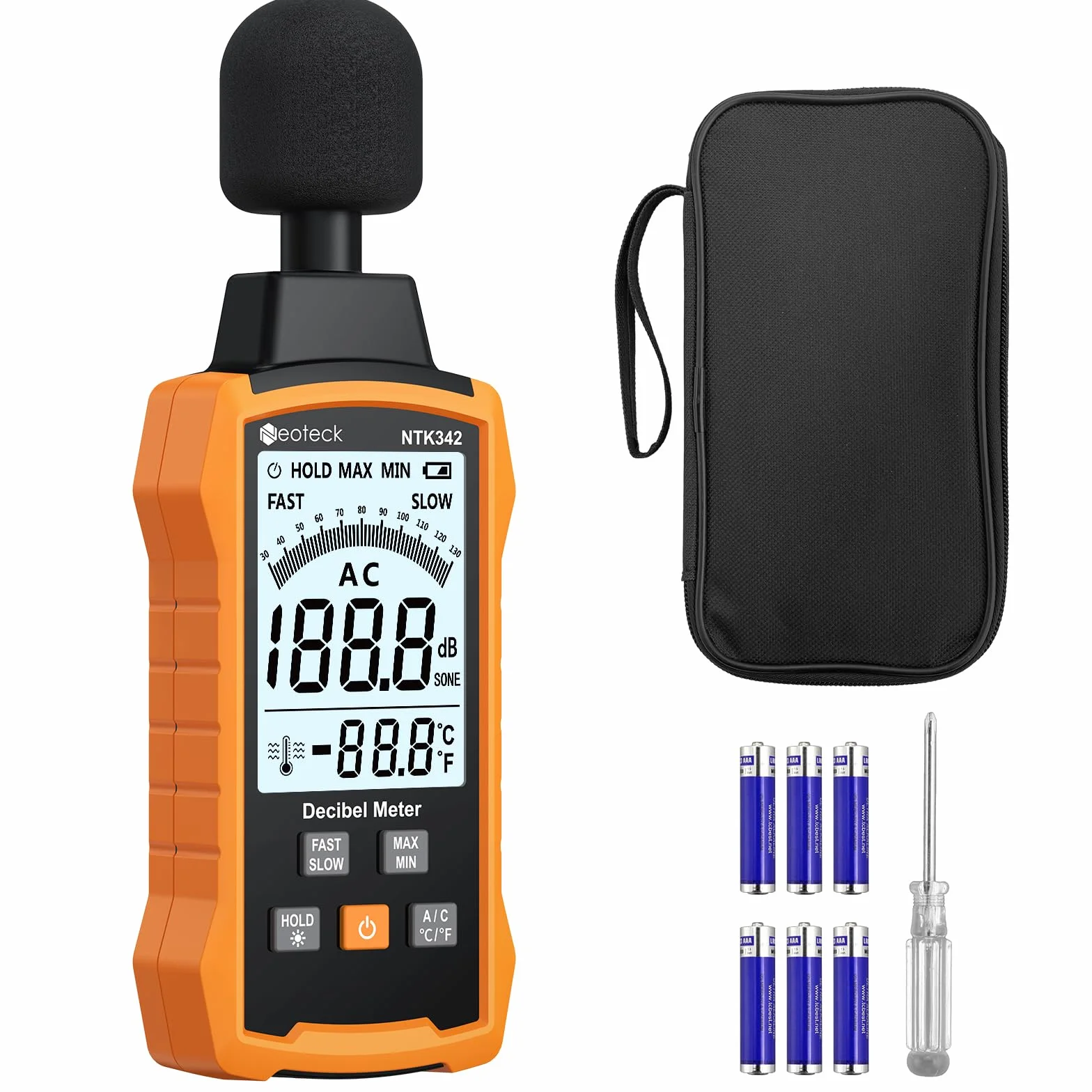 Neoteck Medidor Decibelios 30-130dB Medidor Portátil db con Ponderación A/C Sonometro con Pantalla Retroiluminada Blanca,MÁX/MÍN,Retención de Datos Sonometro para Hogar Oficina Fábrica