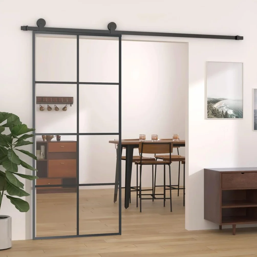 Refined Puerta corredera ESG vidrio y aluminio negro 90x205 cm Negro Transparente