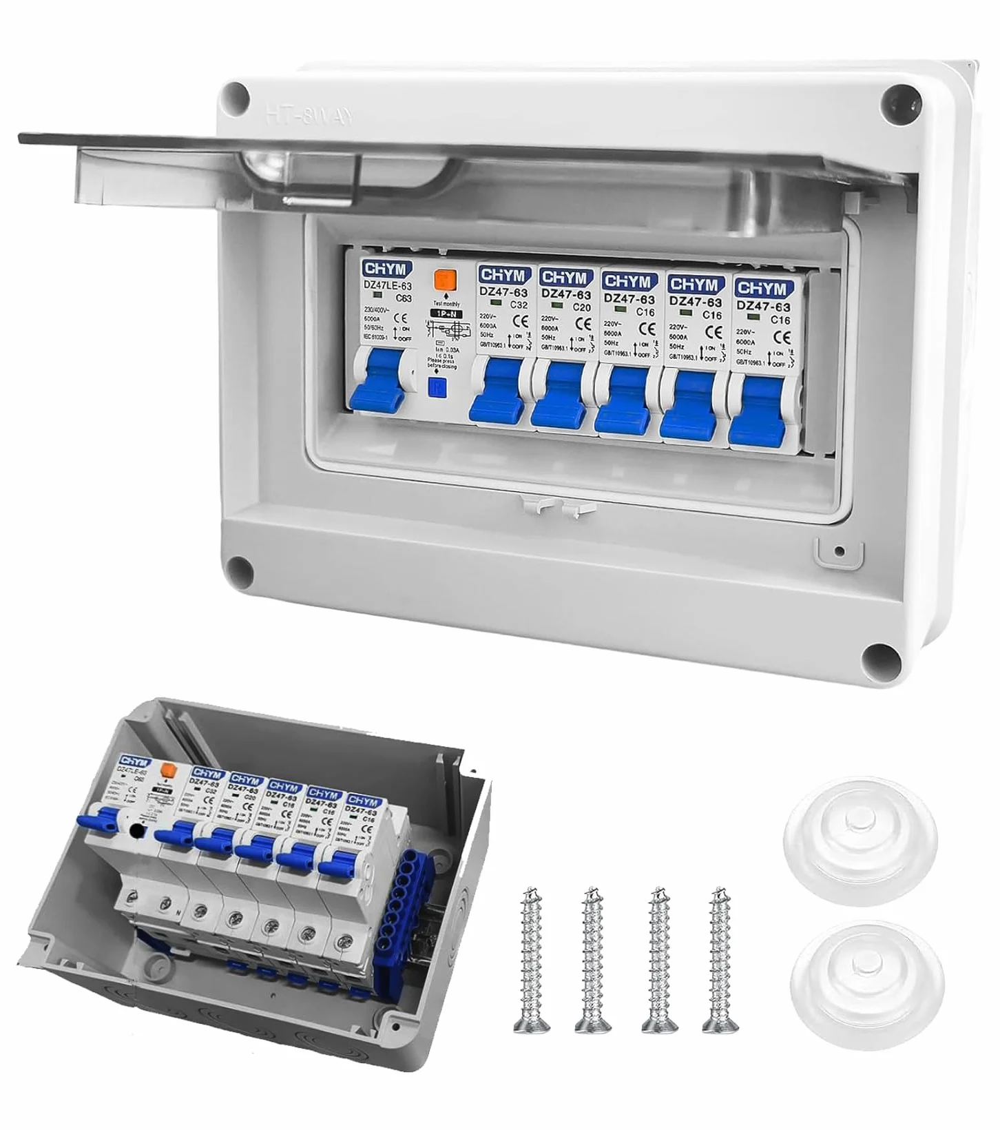 Caja de fusibles empotrada, caja de distribución con interruptor de protección Fi, subdistribución para garajes, talleres, disyuntor IP65 63 A, interruptor de separación AC 33x16A+20A+32A