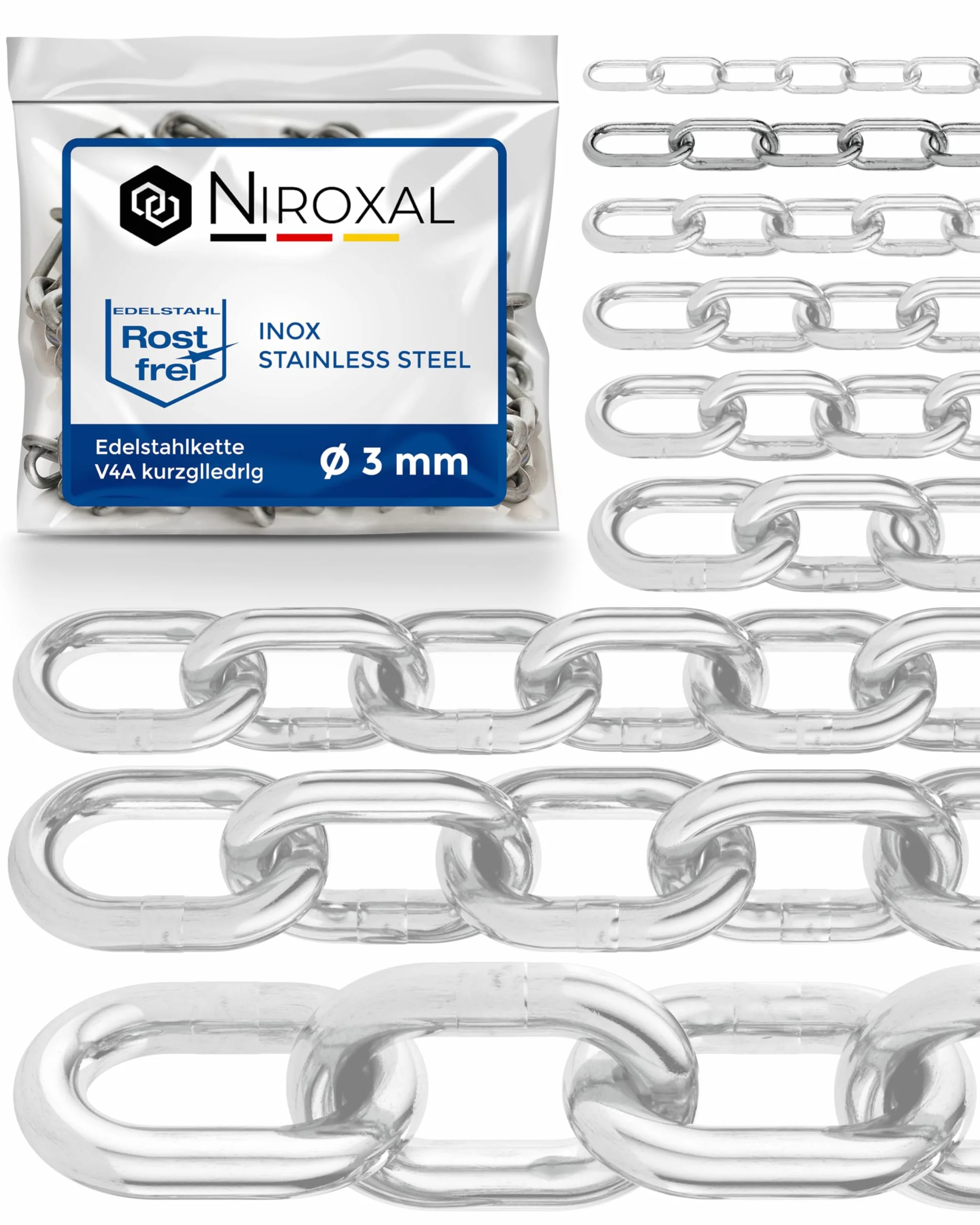 Cadena de acero inoxidable A4 de eslabón corto DIN 766 / DIN 5685 – 3mm x 1m – 1 unidad – para suspensiones pesadas