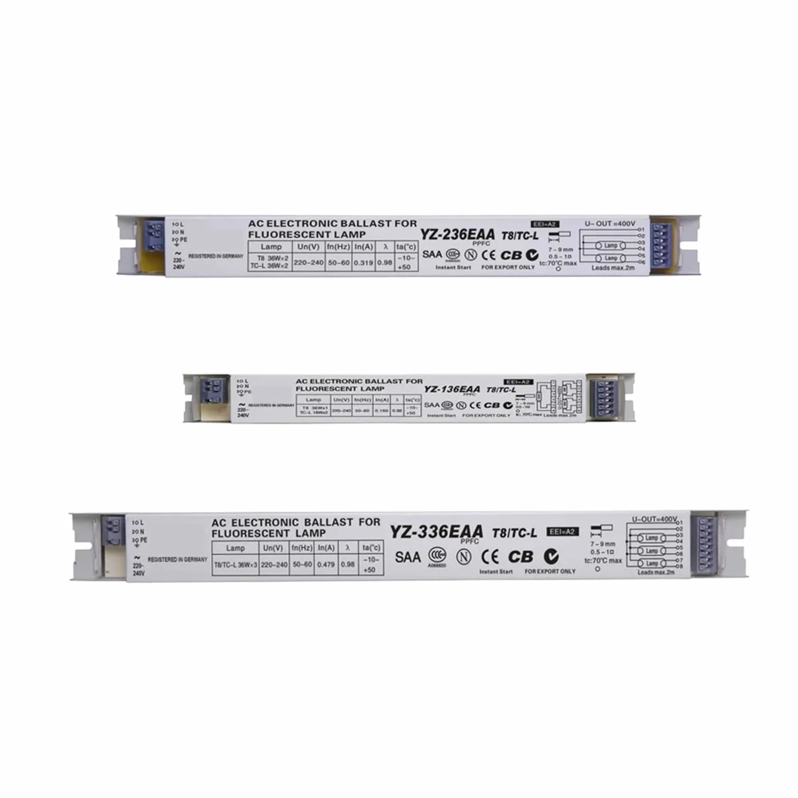 Balasto electrónico, YZ-136EAA YZ-236EAA YZ-336EAA 220-240 V 1 x 36 W 2 x 36 W 3 x 36 W Balasto electrónico T8(YZ-136EAA)