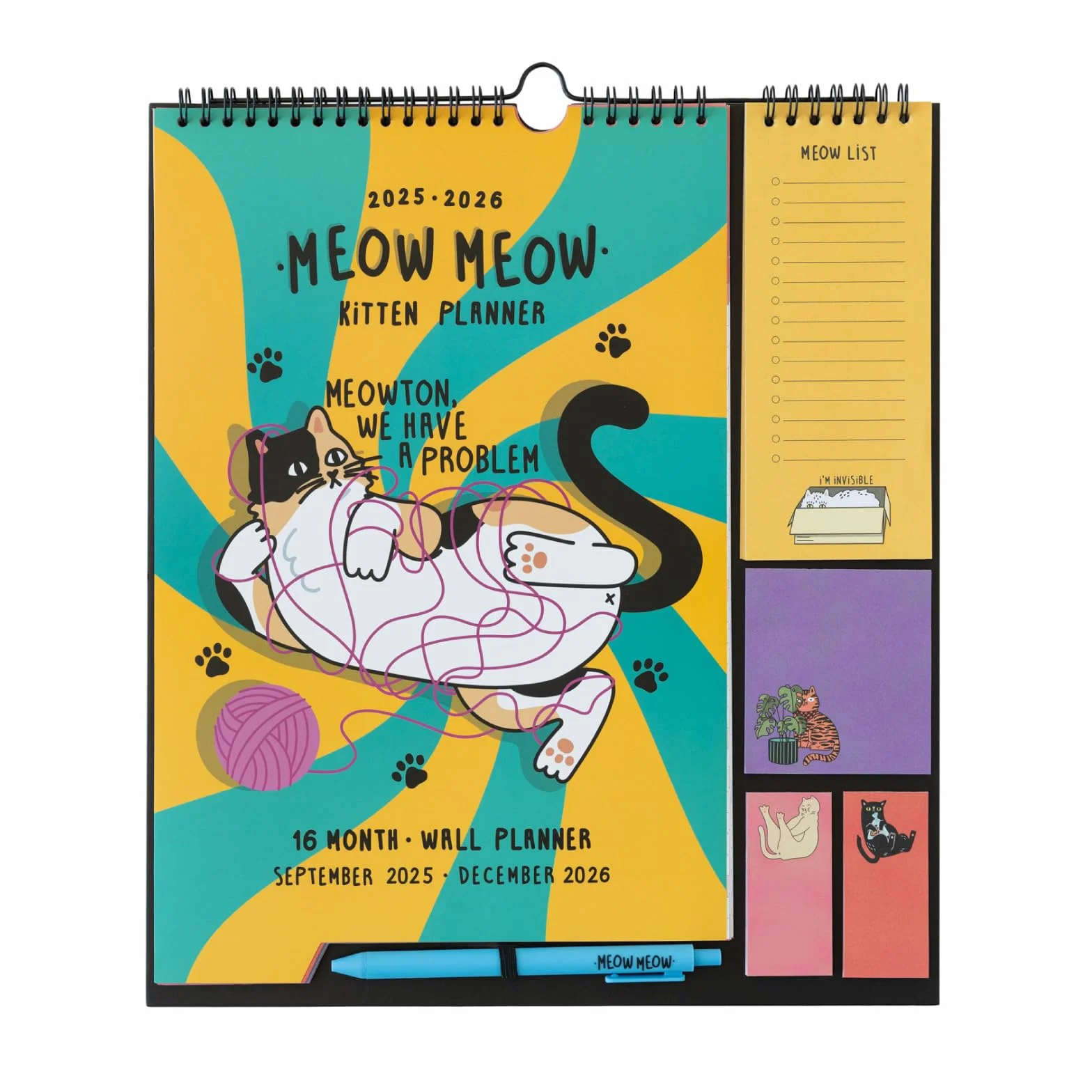 Calendario Familiar 2026 Meow Meow - Calendario de Pared 16 Meses con Pegatinas y Notas Adhesivas