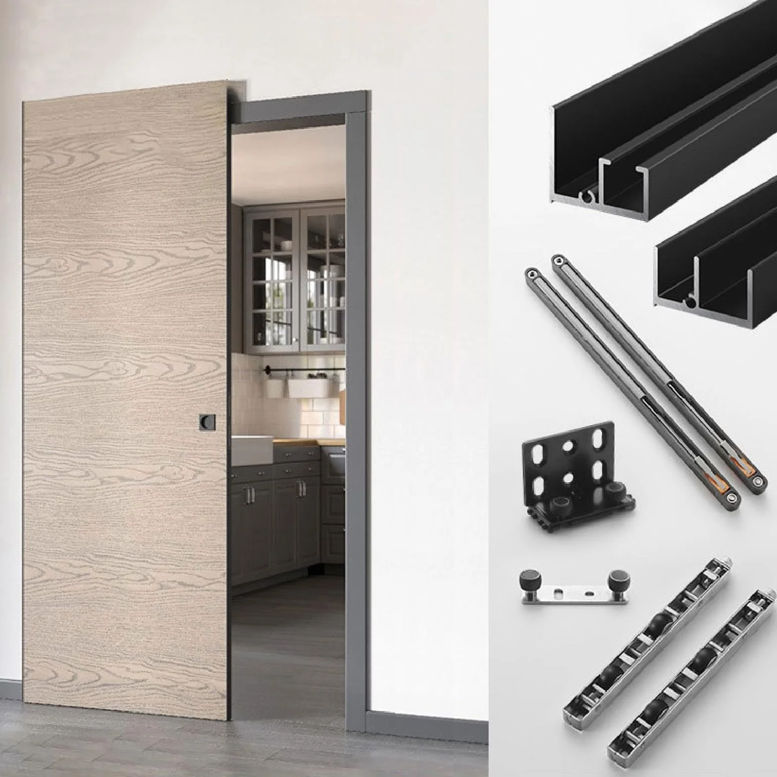 Kit de Puerta corredera Invisible,Kit para Puerta Invisible,Kit de herrajes Ocultos para Puertas,Funcionamiento Impecable,Diseño Invisible,Adecuado para dormitorios