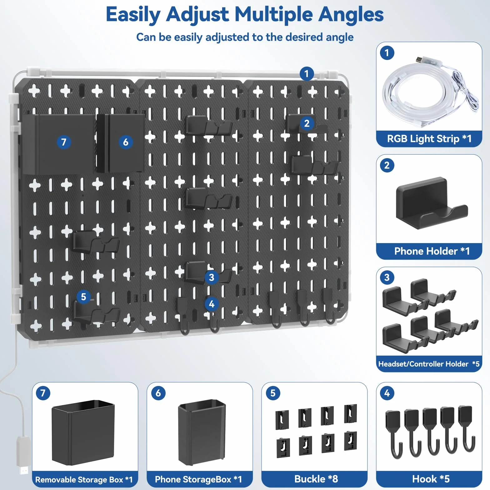 KDD 7 en 1 Panel Perforado Organizador Pared, 40x20cm 3 Paneles de Pegboard Gaming con Barra de Luz LED, Tablero Perforado de Kit Combinado con 14 Piezas para Colgar Herramientas para Juegos Oficina