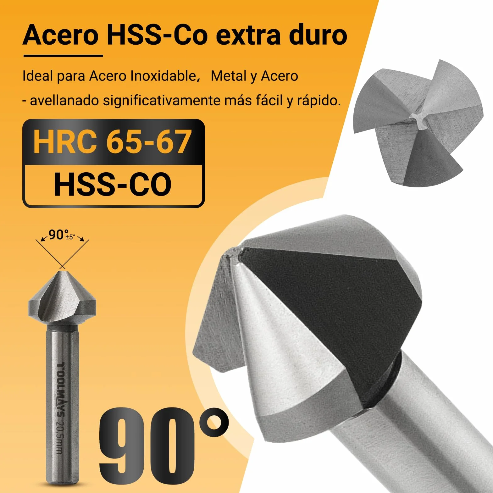 Avellanador Para Metal y Madera M35 Cobalto Ø 6,3-20,5 mm | 6pzs HSS-E 90° Brocas Avellanadoras con 3 Caras para Acero Inoxidable, Cobre, Aluminio y Plástico