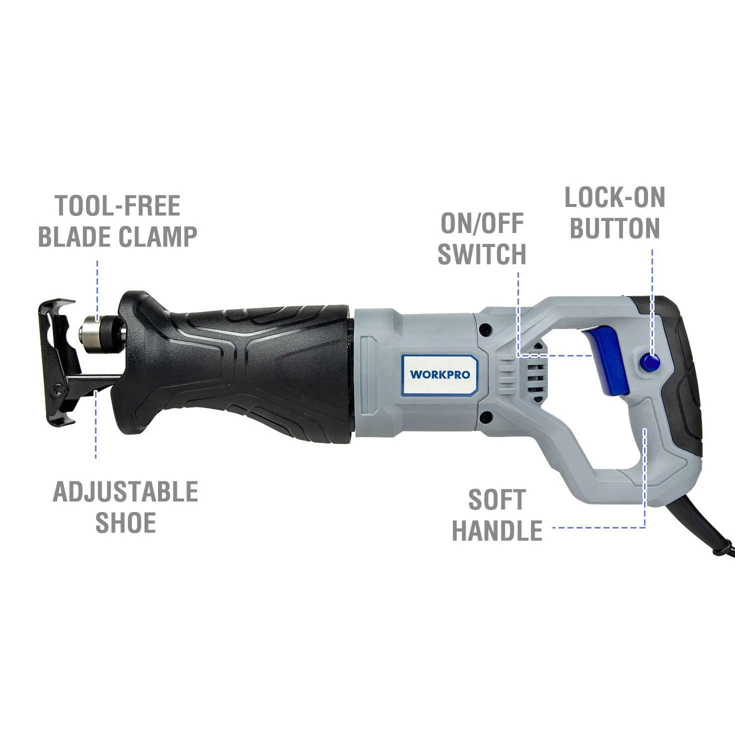 WORKPRO Sierra Sable 710W, Velocidad Variable con Mecanismo de Cambio Rápido de Cuchilla 0-2800 rpm, Profundidad de Corte Madera 115mm/ Metal 4mm, con 4 Cuchillas Incluidas