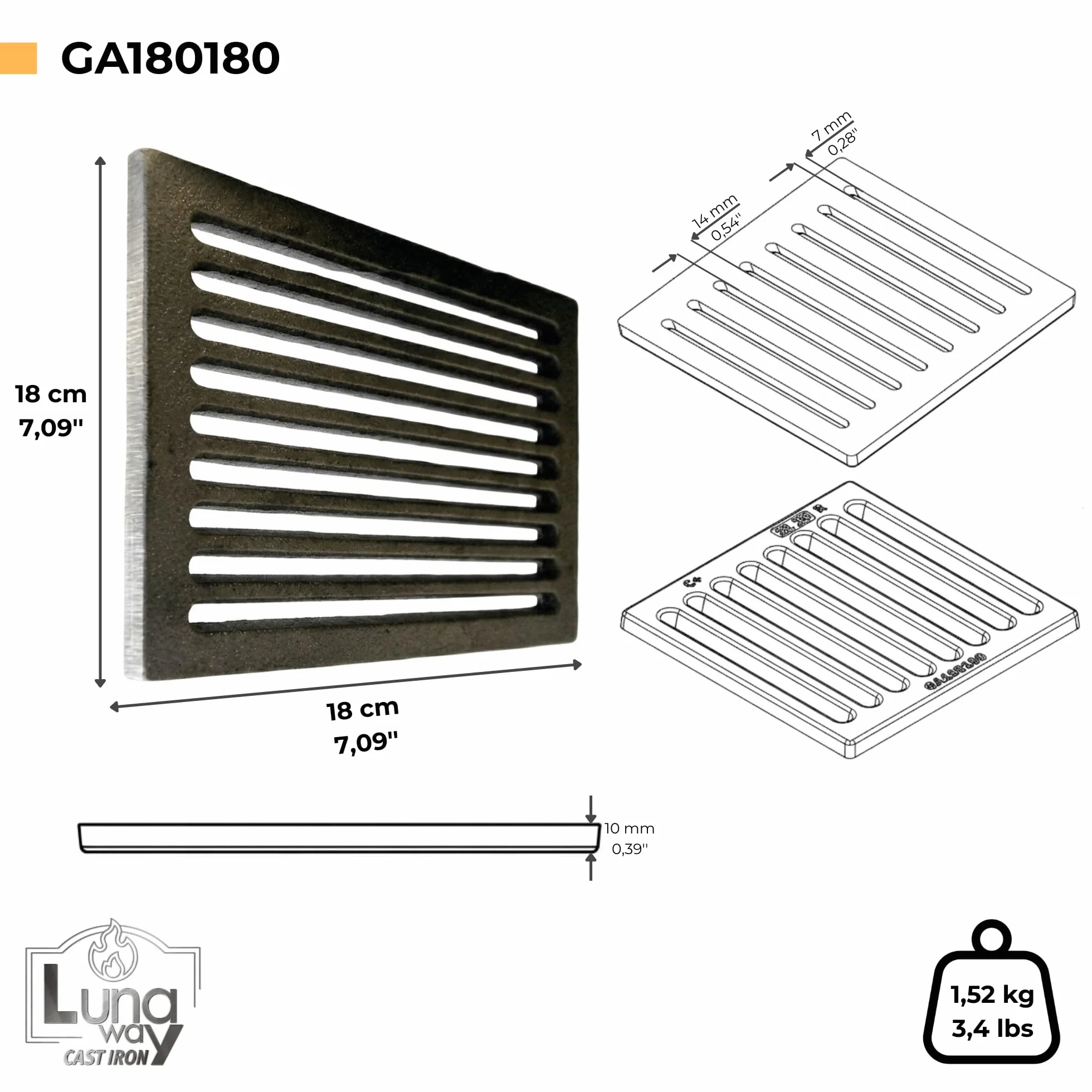 18 x 18 x 1 cm – Rejilla de hierro fundido para recoger cenizas | apta para chimeneas y estufas | Resistente | Diseño moderno | 100% hierro fundido calidad LUNAWAY